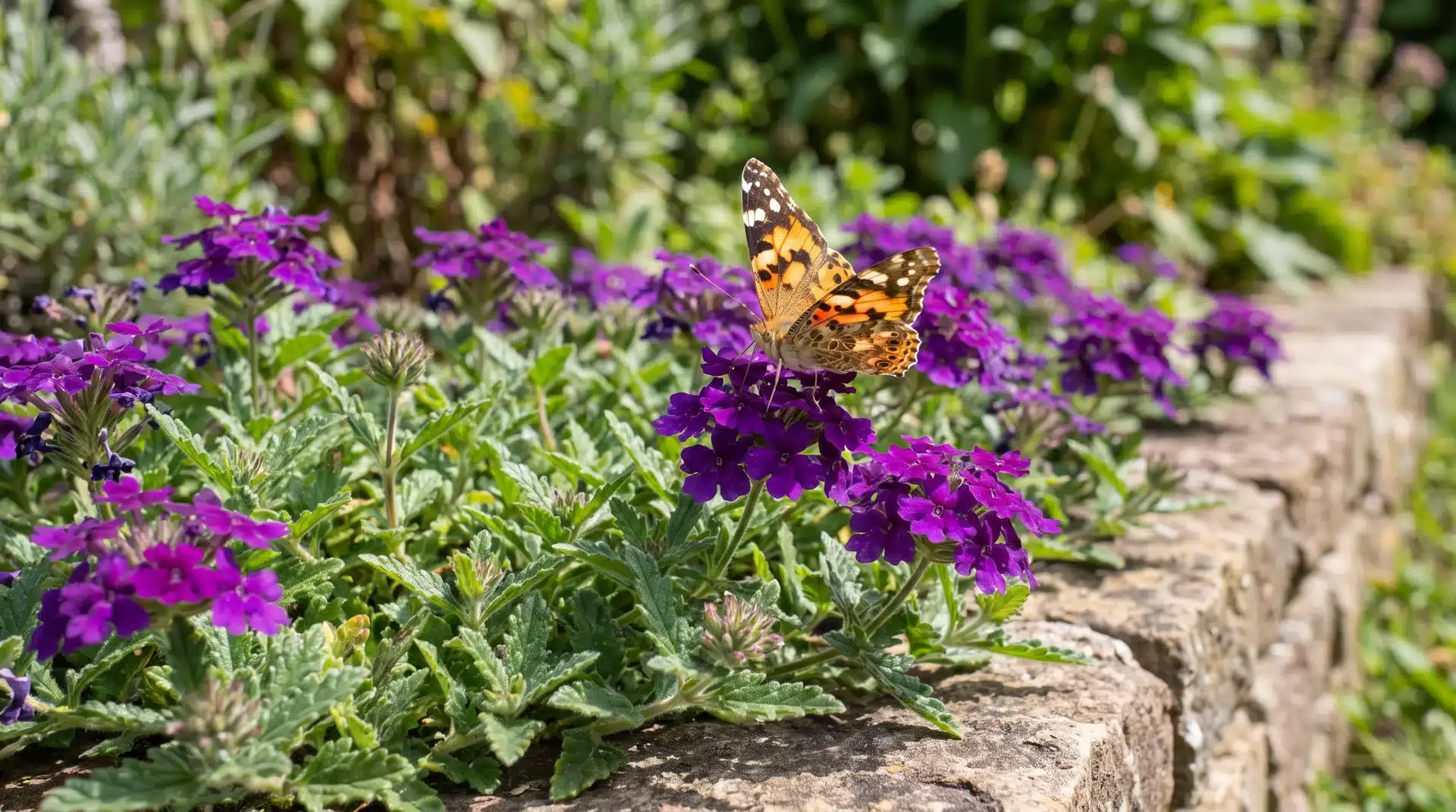 Purple verbena flowers with butterfly visiting flowers that attract butterflies along garden edges.