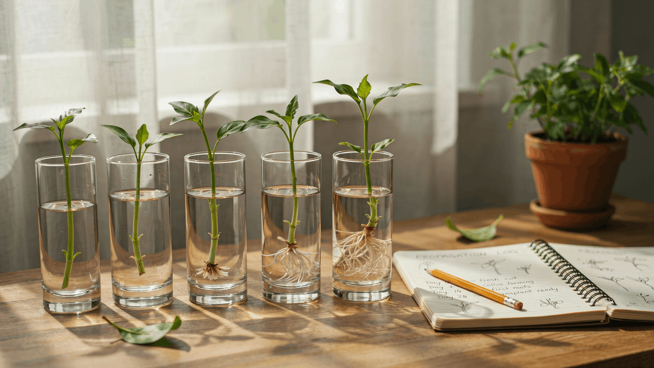 Glass jars with plant cuttings showing early root development stages on bright windowsill in indoor garden setup.
