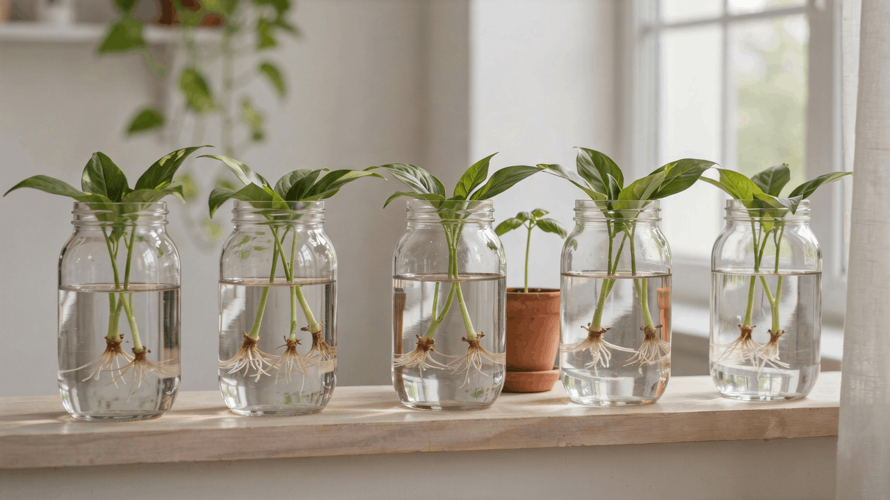 Plant cuttings placed in glass jars of water showing early root growth on bright windowsill in clean indoor setting.