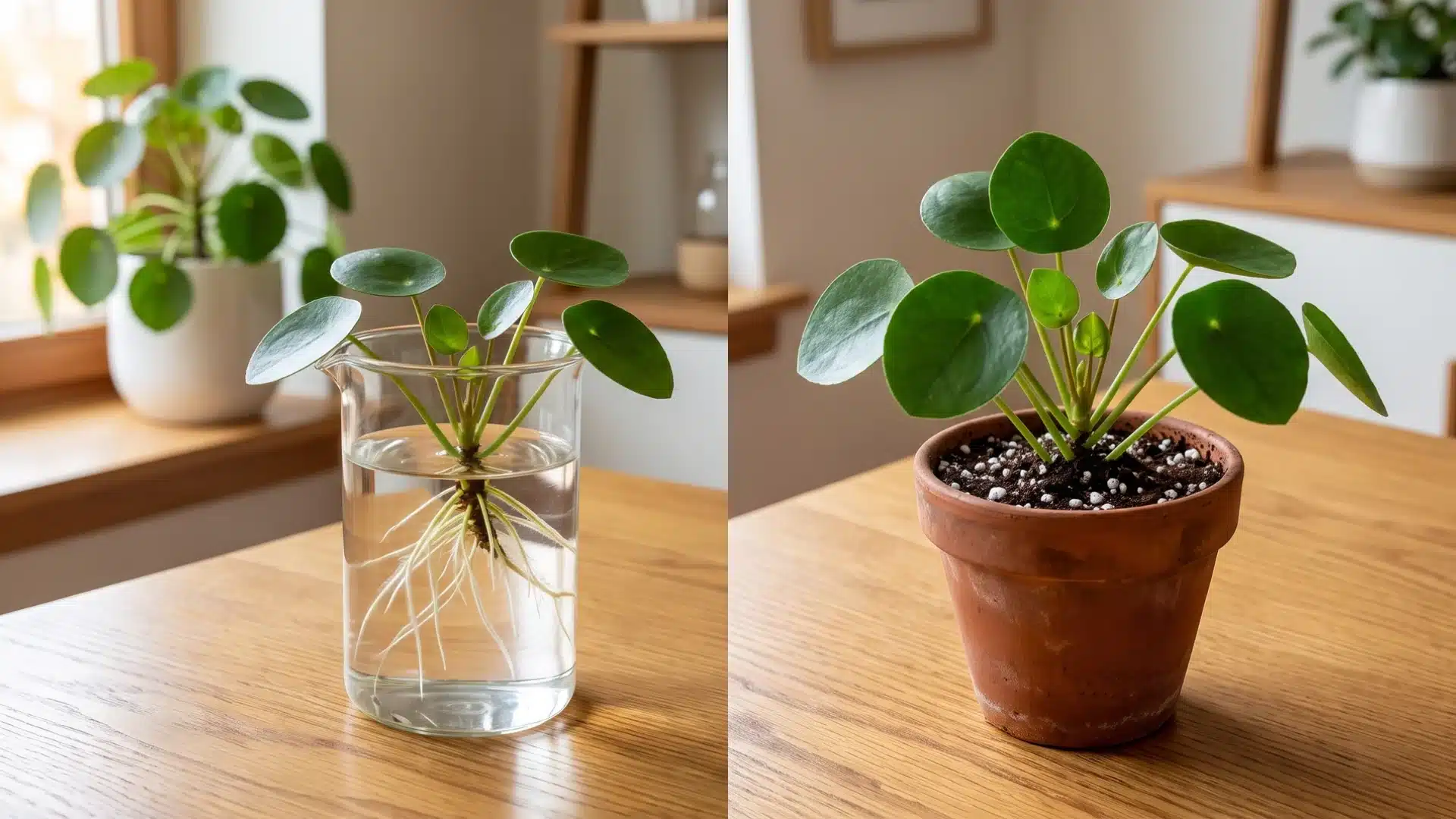 Side-by-side comparison of water propagation in jar and soil propagation in pot for Chinese money plant.