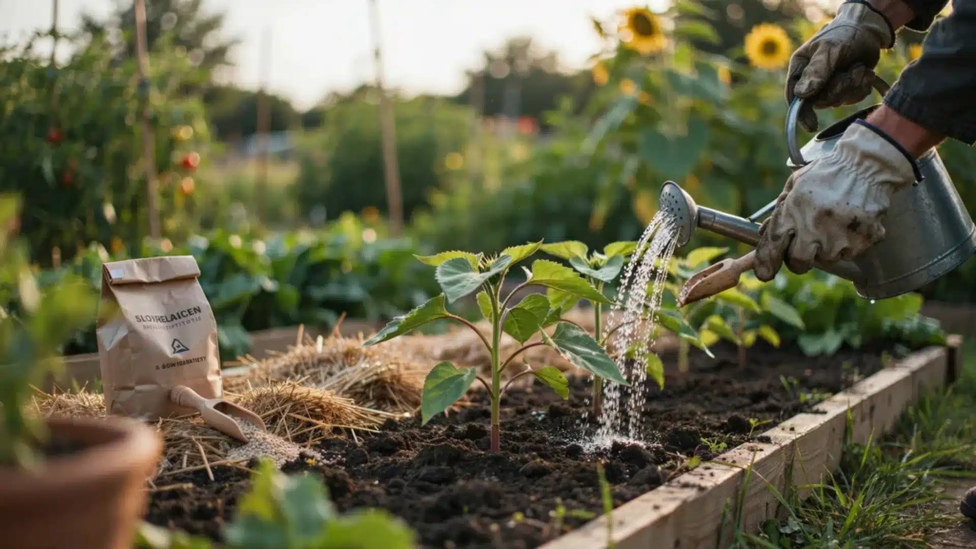 Gardener watering young sunflower seedlings in a raised garden bed with soil amendments nearby.
