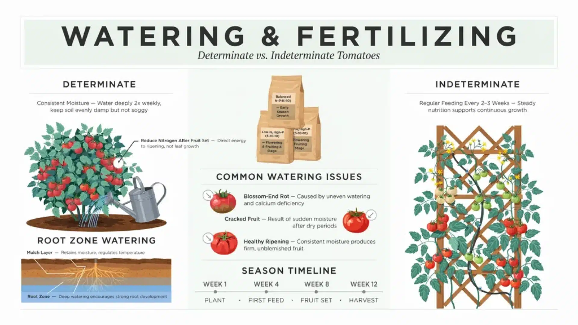 Infographic on watering and fertilizing for determinate and indeterminate tomatoes, showing schedules, root care, and growth stages.