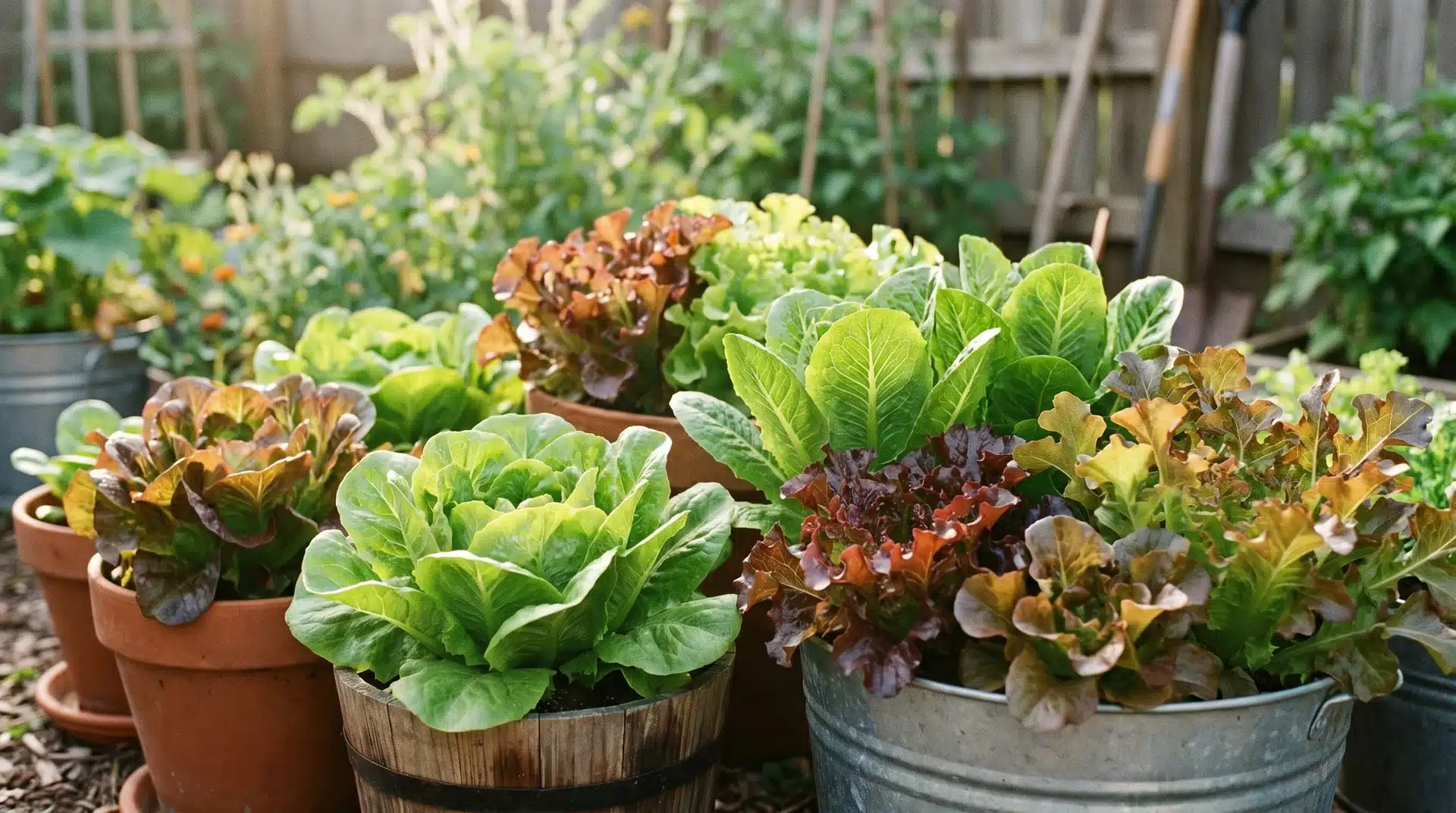 Different lettuce varieties growing in separate containers, highlighting diversity when growing lettuce in containers at home garden.