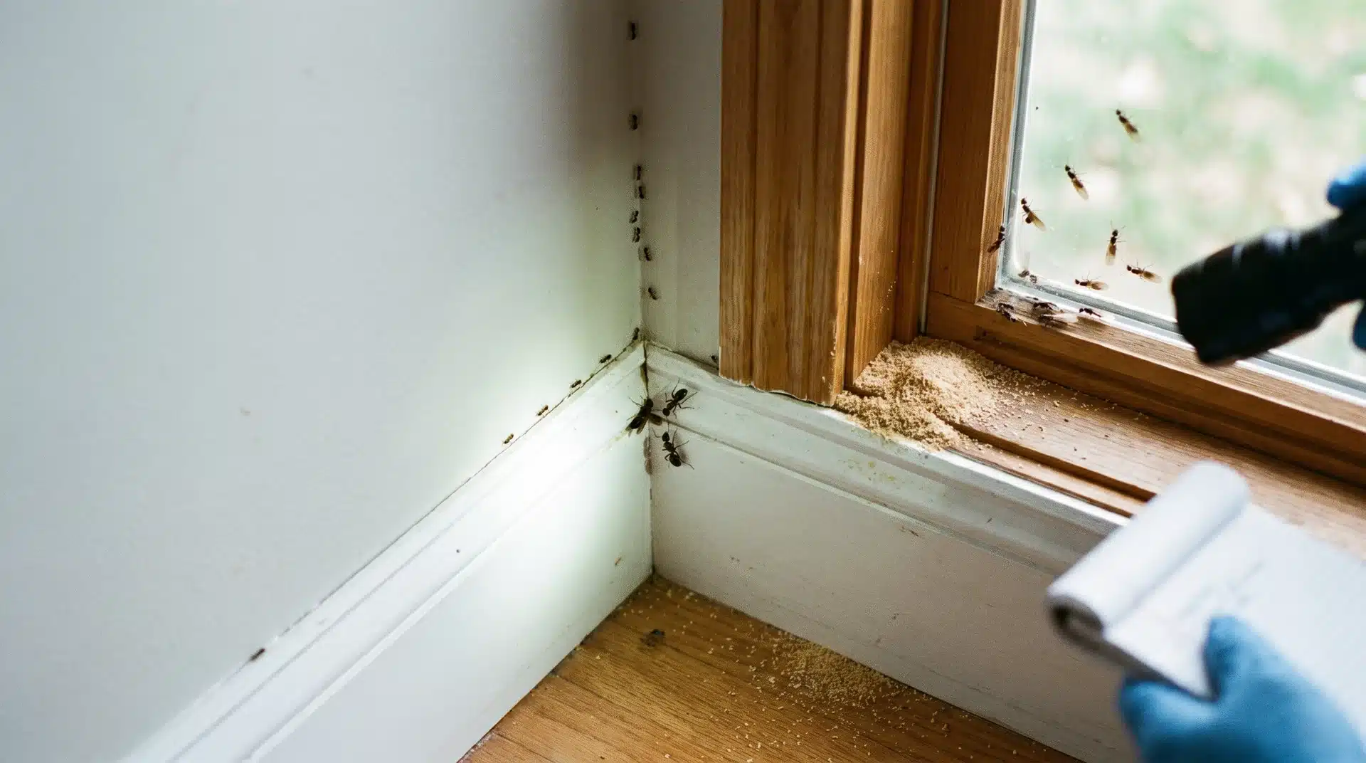 Ants in home showing infestation signs like trails, sawdust, and repeated activity near windows.