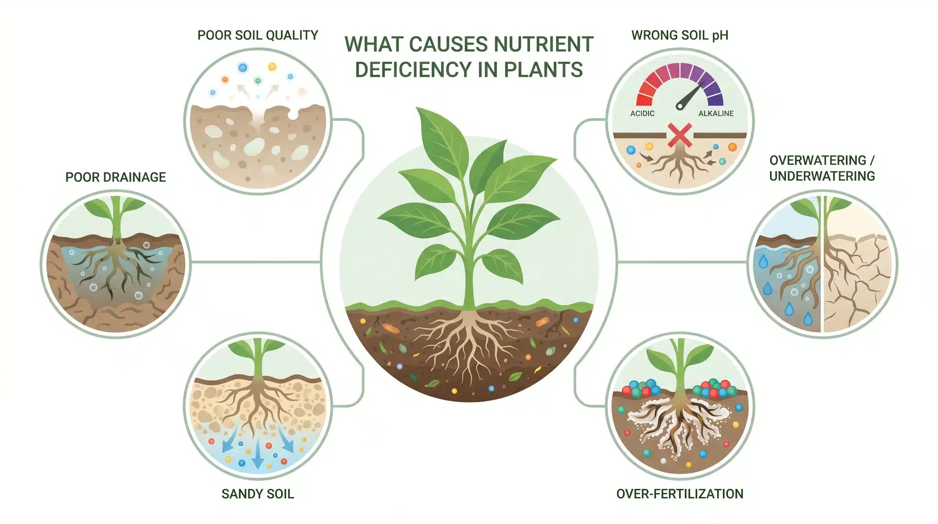 Infographic showing causes of nutrient deficiency in plants, including poor soil quality, drainage issues, incorrect pH, watering problems, and over-fertilization effects on roots.