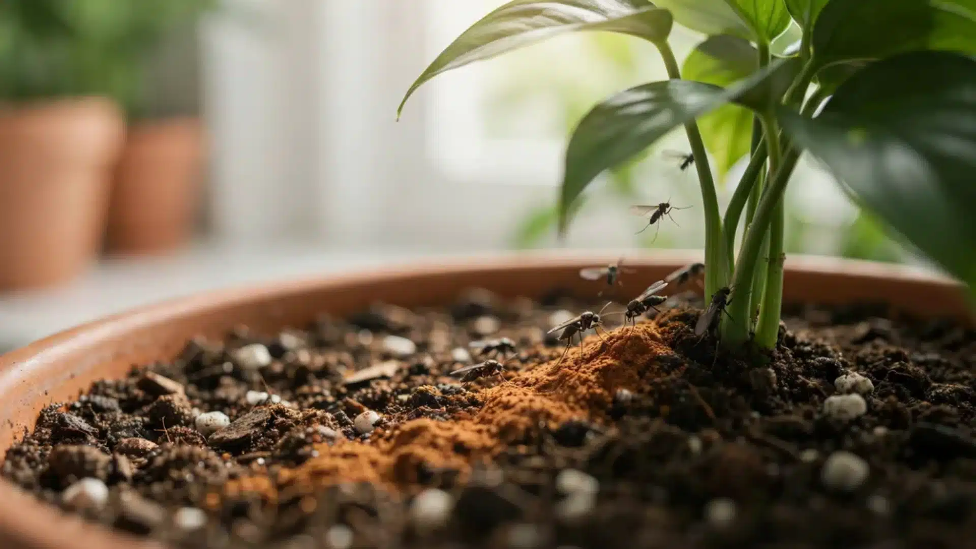Macro view of fungus gnats near plant soil showing how cinnamon affects their environment and helps reduce their presence.