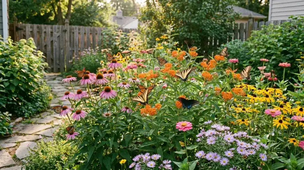 Colorful butterfly garden filled with flowers that attract butterflies throughout a sunny backyard landscape.