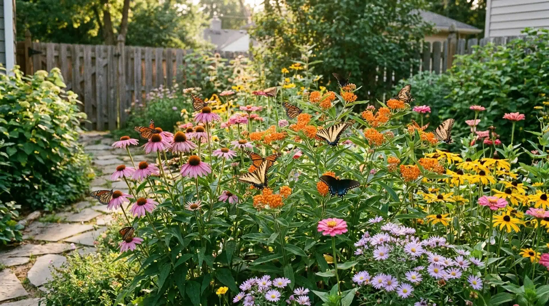 Colorful butterfly garden filled with flowers that attract butterflies throughout a sunny backyard landscape.