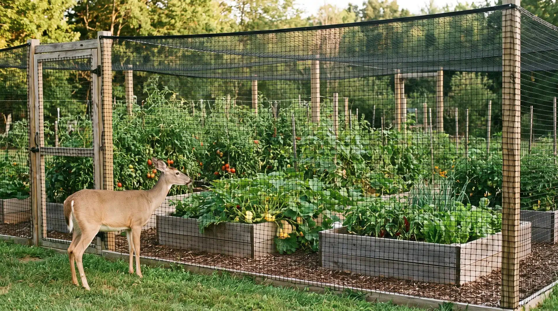 Black mesh deer fencing helps keep deer out of garden while protecting vegetables from animal browsing.
