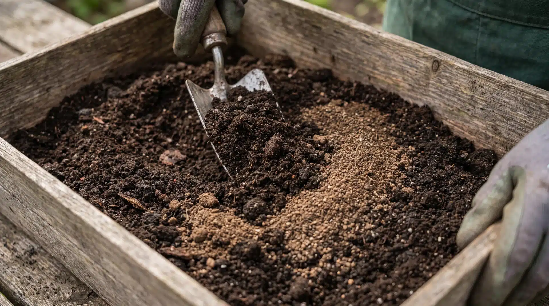Close-up of rich soil mix being prepared in a pot for growing lettuce in containers with compost and nutrients.