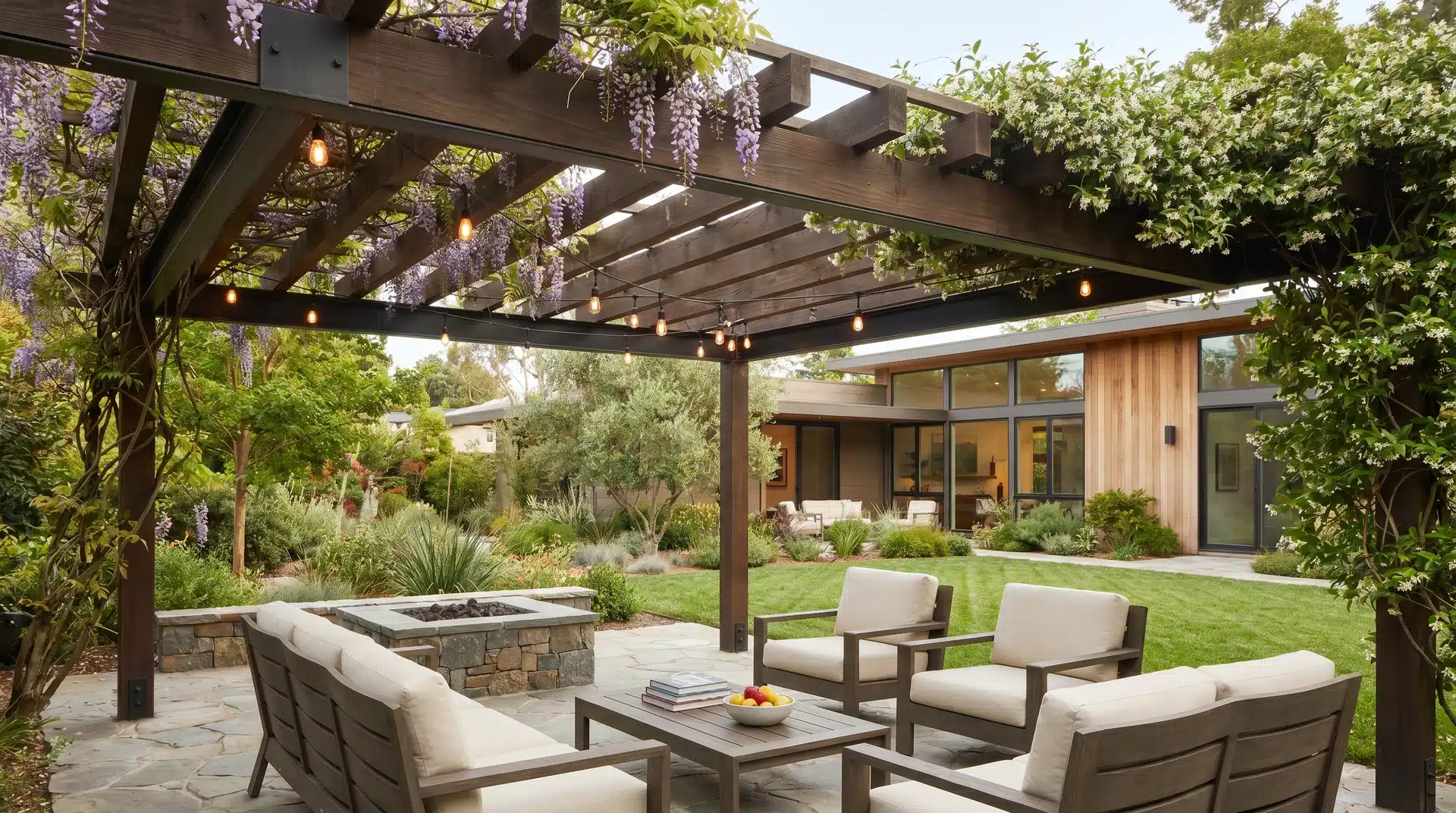Purpose of a pergola shown through a stylish outdoor living space with seating, lights, and backyard design.