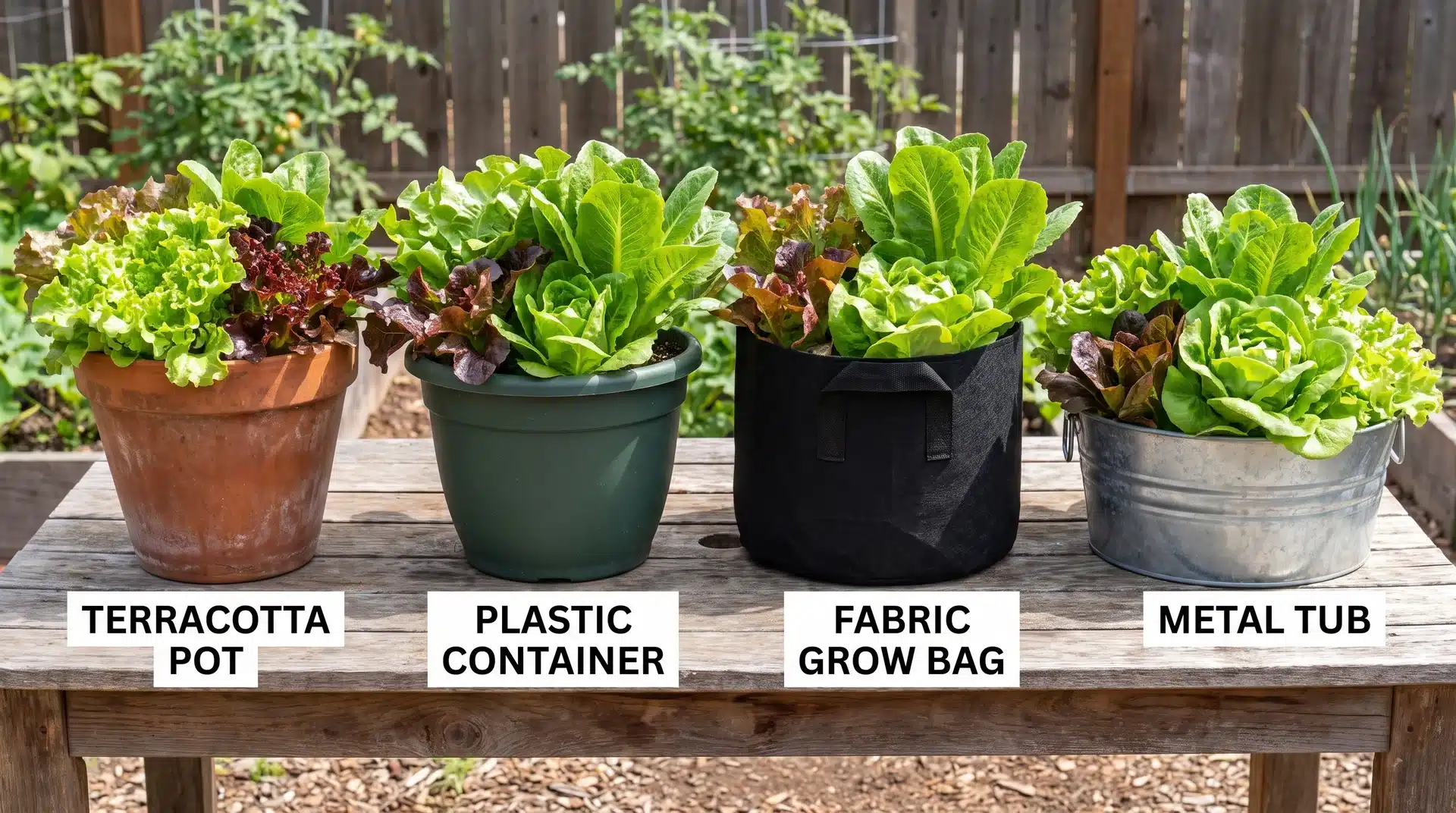 Row of different pots including terracotta, plastic, and fabric showing options for growing lettuce in containers efficiently.