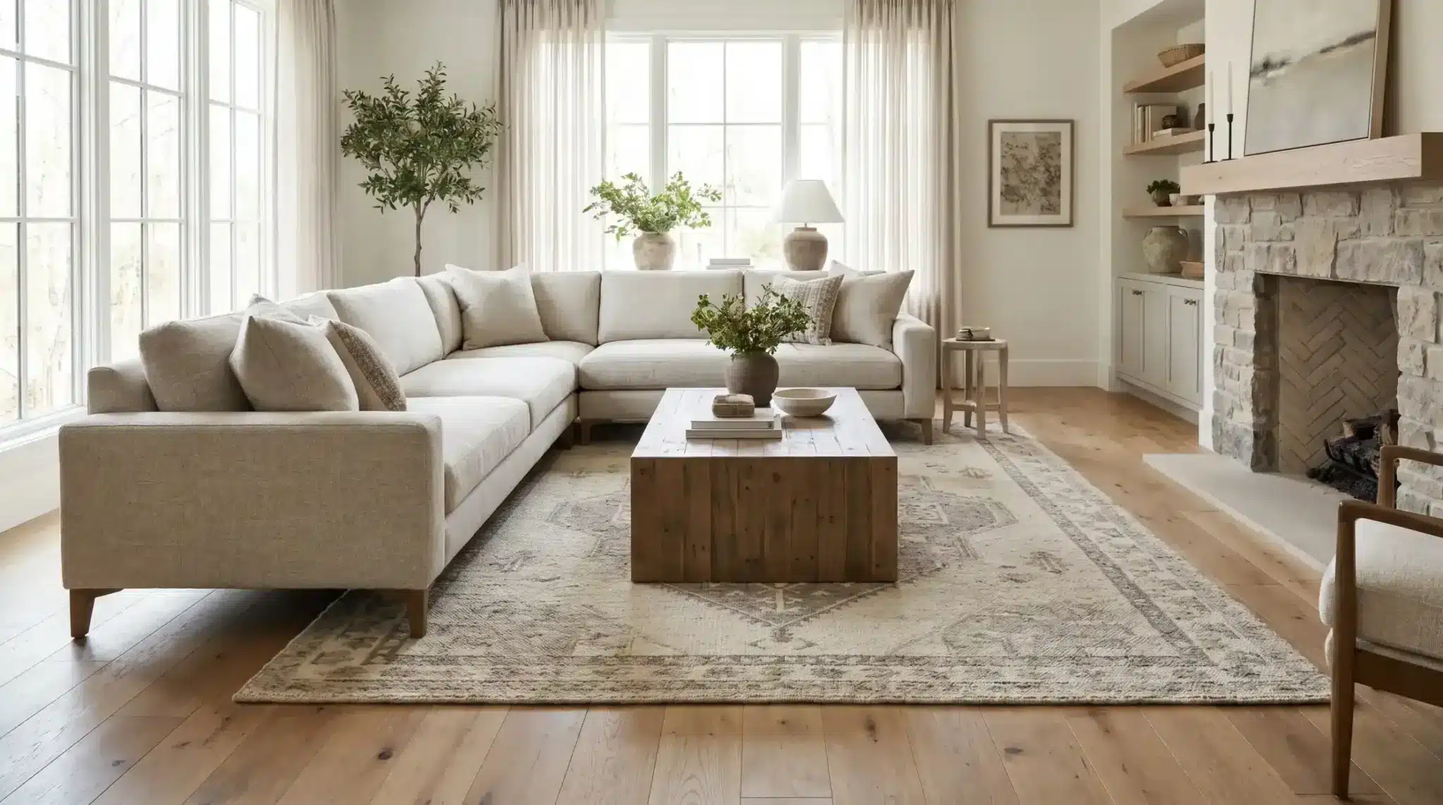 Modern sectional sofa styled with correctly scaled rug demonstrating ideal living room rug size proportions.