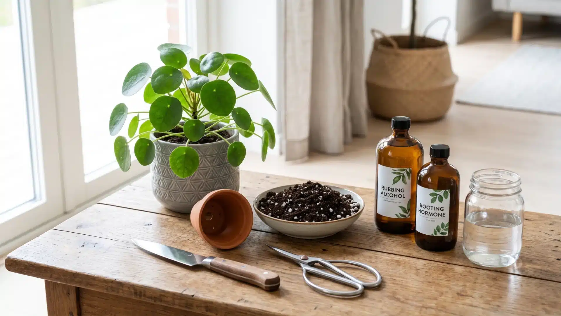 Gardening tools, soil, jars, and pot essentials arranged for Chinese money plant propagation.