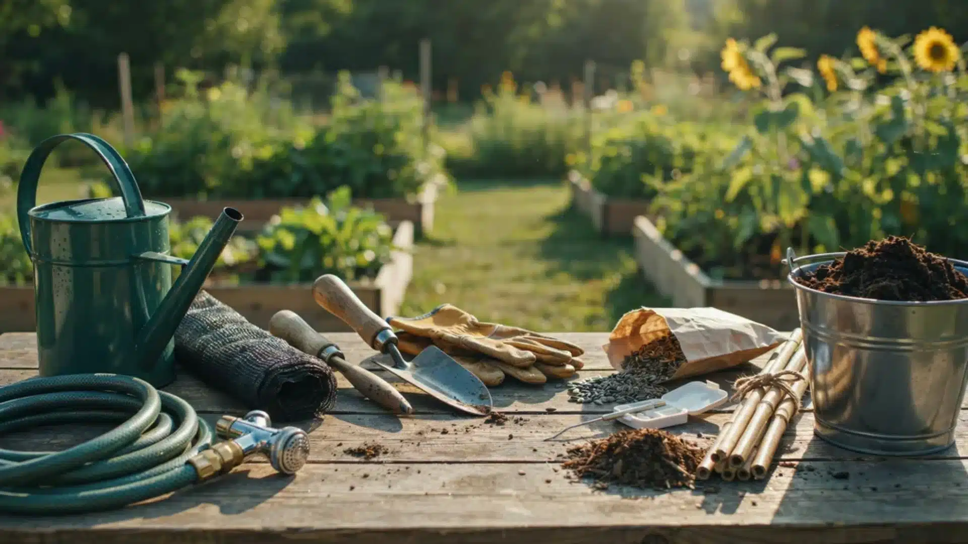 Gardening supplies arranged on a wooden table including gloves, seeds, soil, tools, and watering equipment.