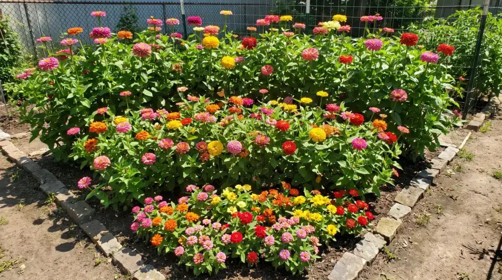 Different zinnia varieties displayed by height showing how tall do zinnias grow from dwarf to tall types.