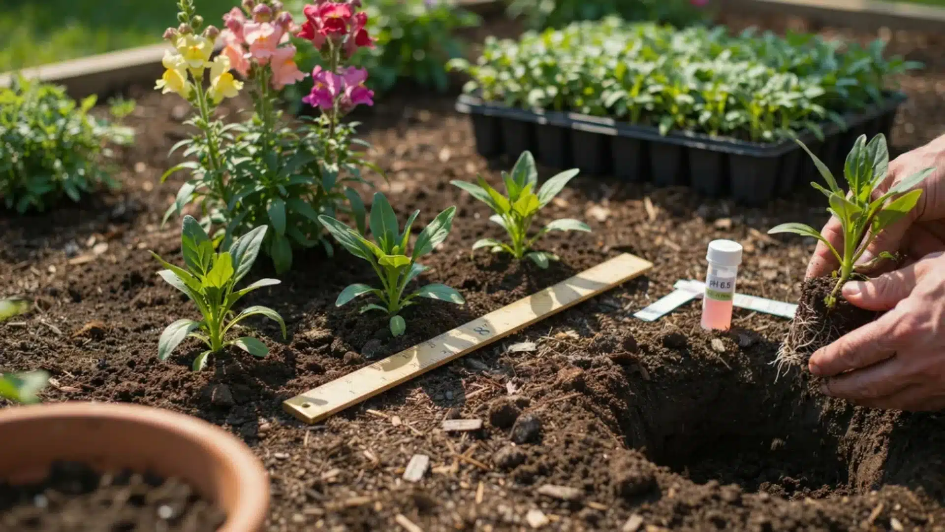 Snapdragon seedlings being planted in garden soil with spacing measurement and soil testing tools nearby.
