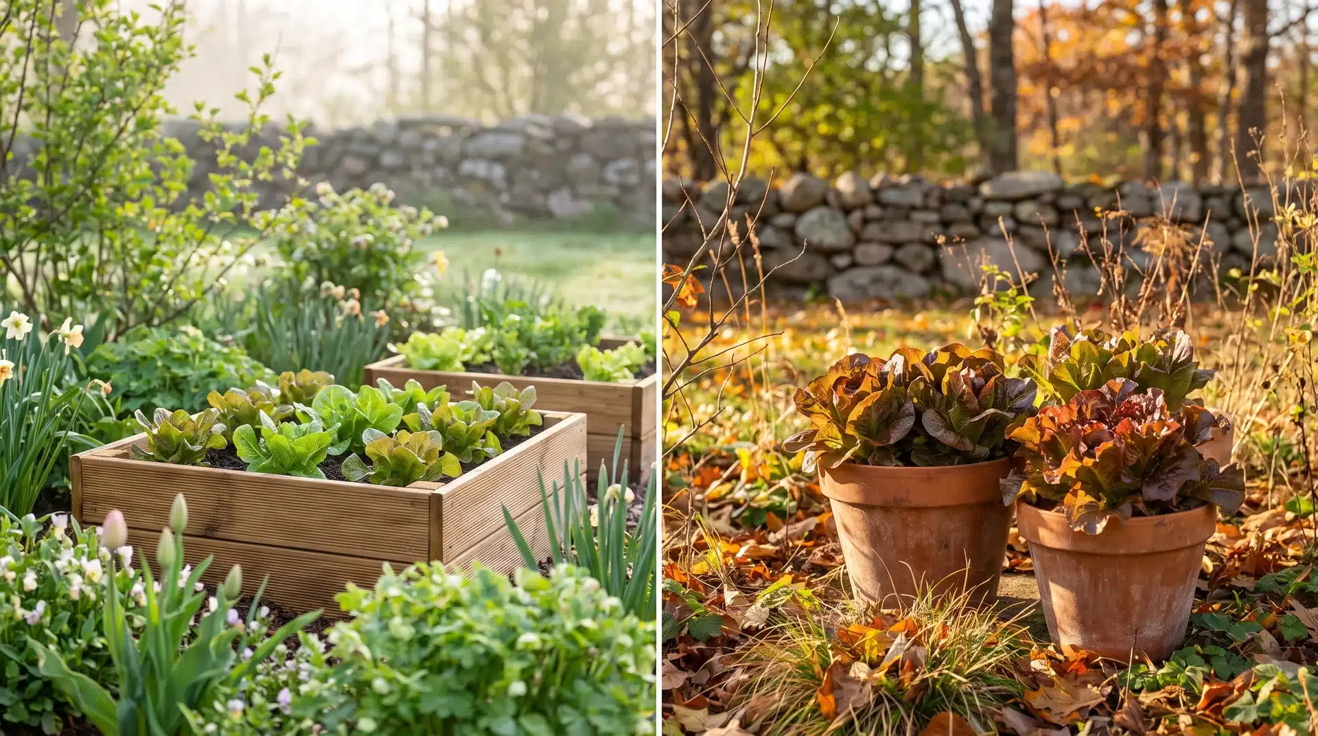 Seasonal garden split scene showing spring and autumn lettuce growth stages for growing lettuce in containers successfully.