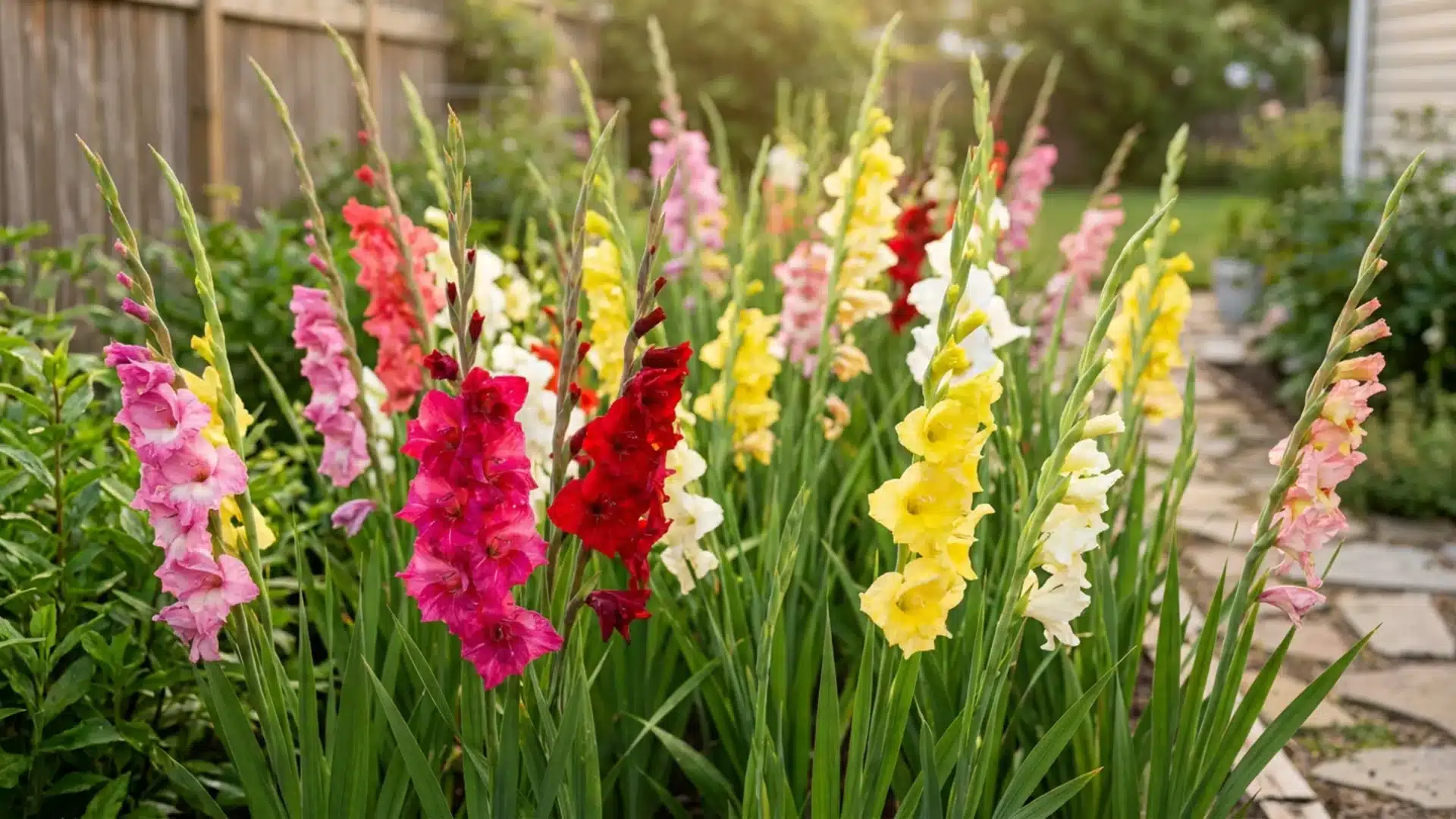 Colorful gladiolus flowers blooming in a garden bed with tall green leaves.