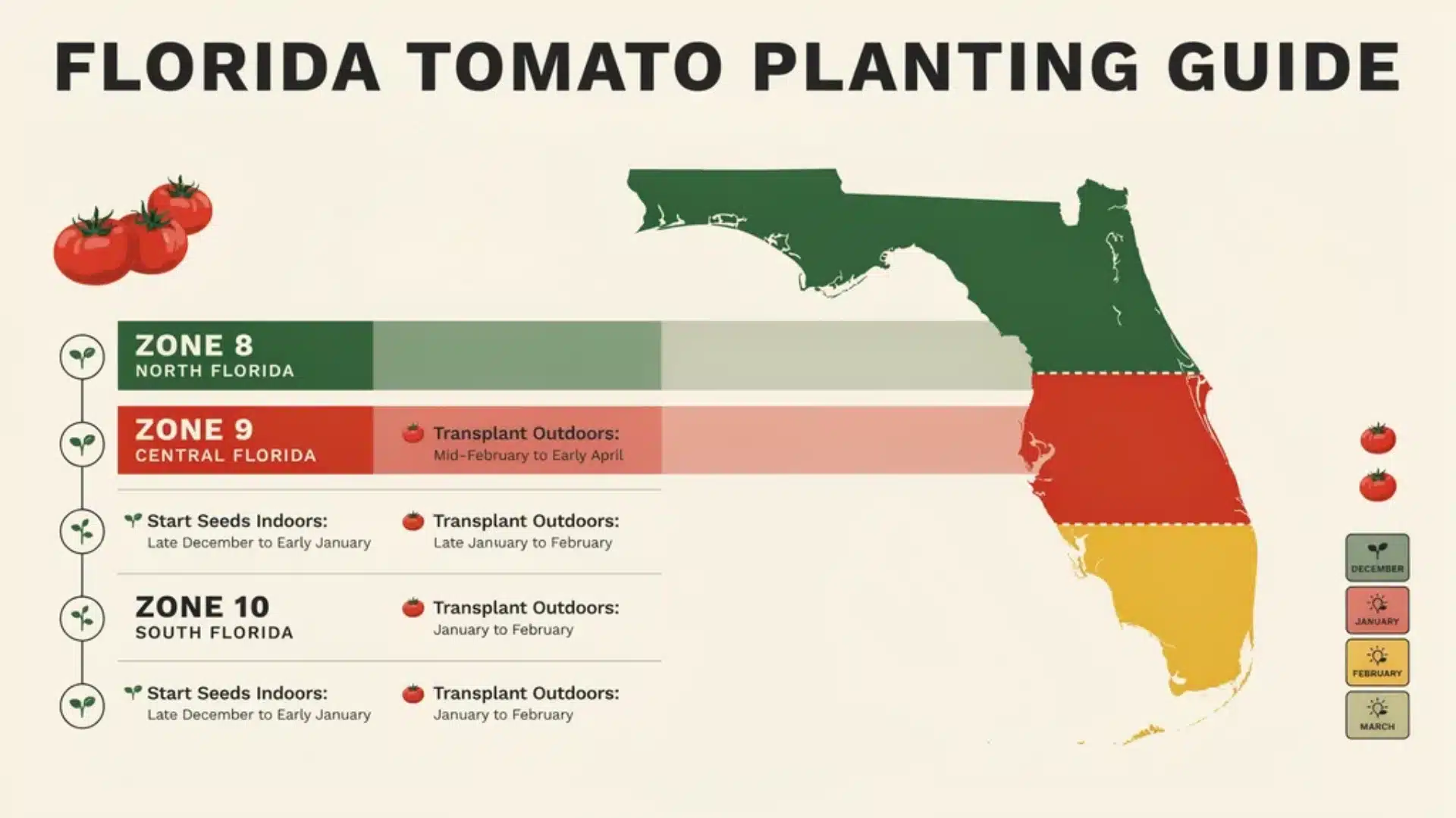 Florida tomato planting guide map showing zones 8–10 with recommended seed starting and transplanting times for north, central, and south Florida.