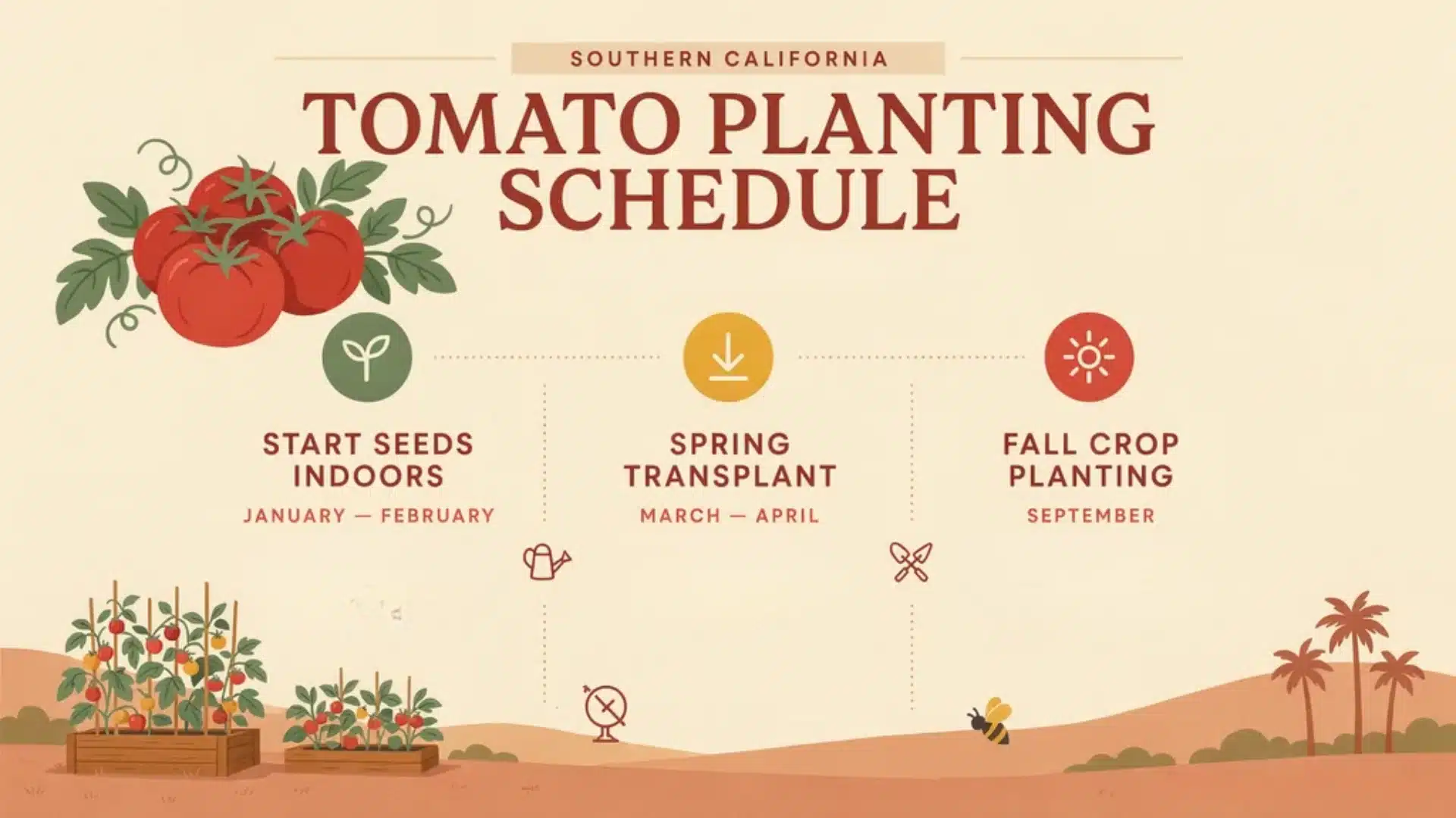Southern California tomato planting schedule showing when to start seeds indoors, transplant in spring, and plant fall crops with seasonal timing icons.
