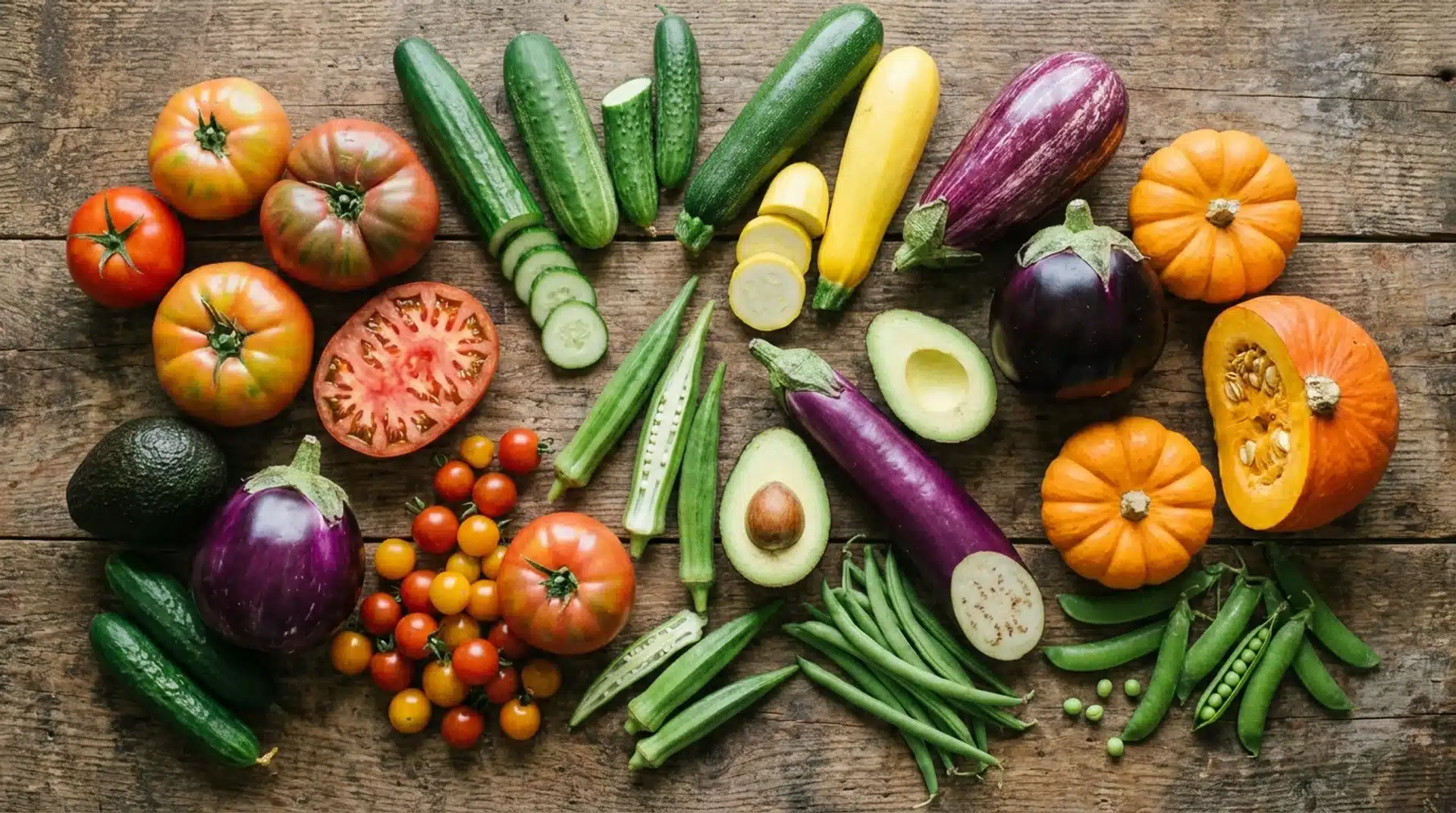 Mixed produce comparison showing peppers are a fruit alongside other botanical fruits used as vegetables.
