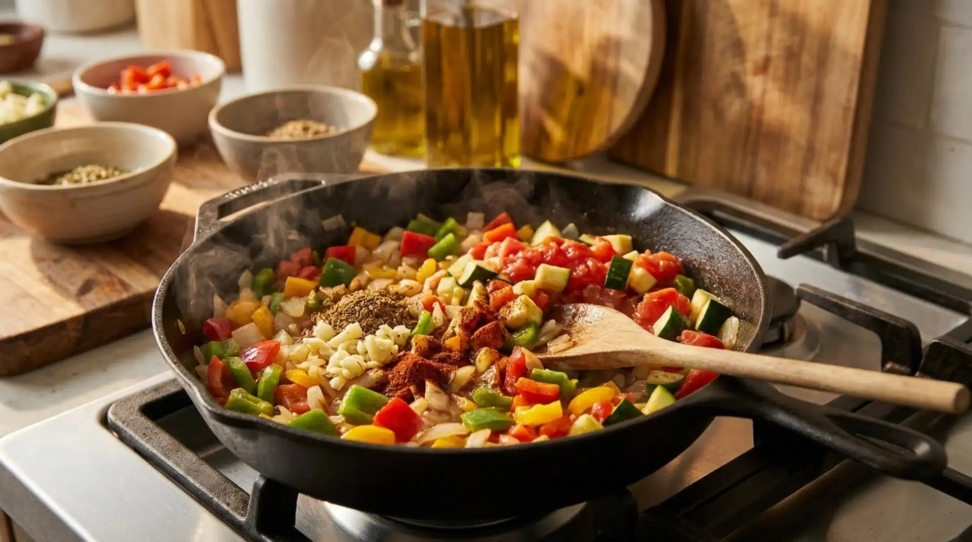 Chef preparing peppers in a kitchen showing why peppers are called vegetables in cooking.