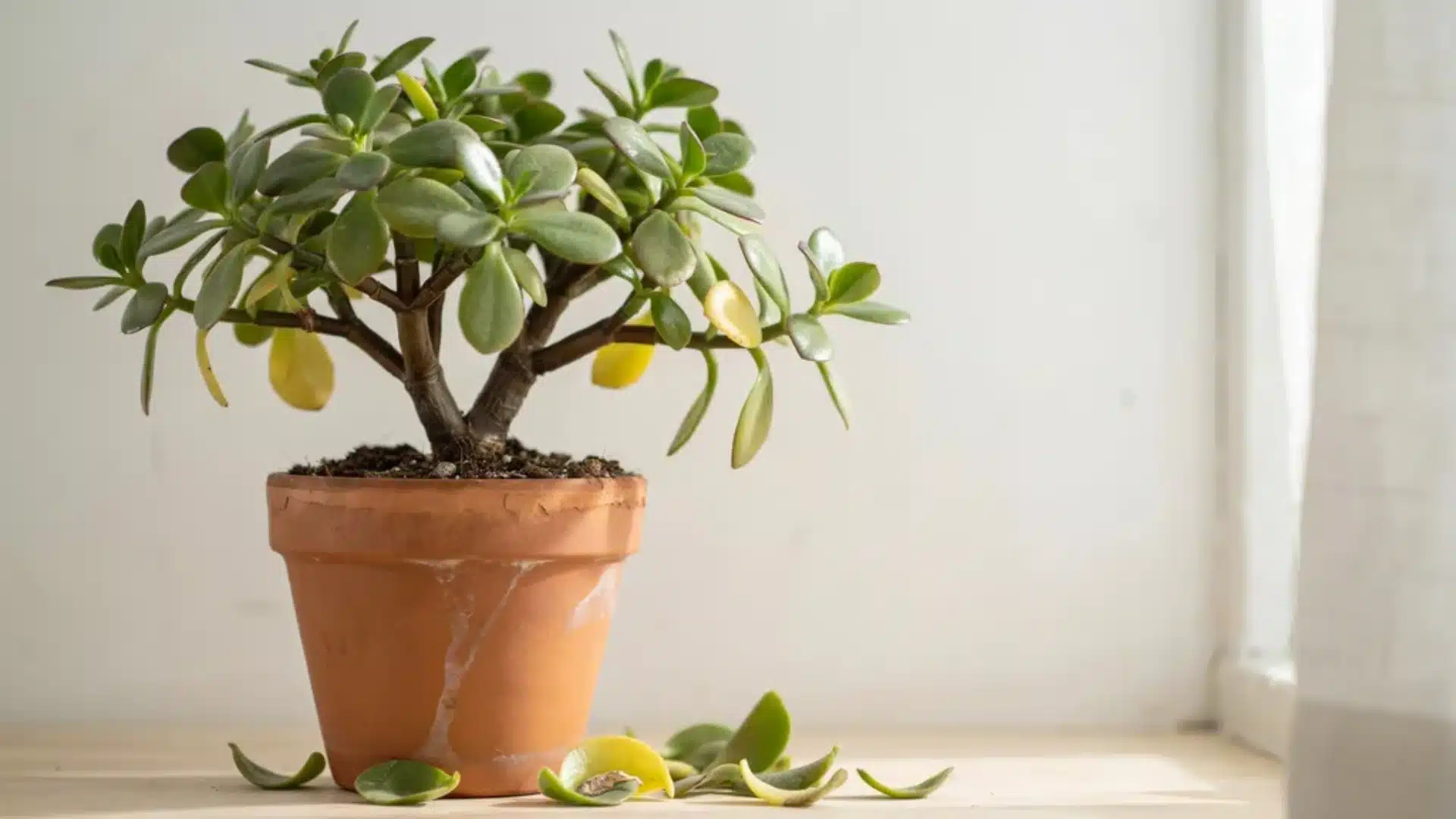 Jade plant in terracotta pot with yellowing leaves falling onto the surface, showing leaf drop and stress.
