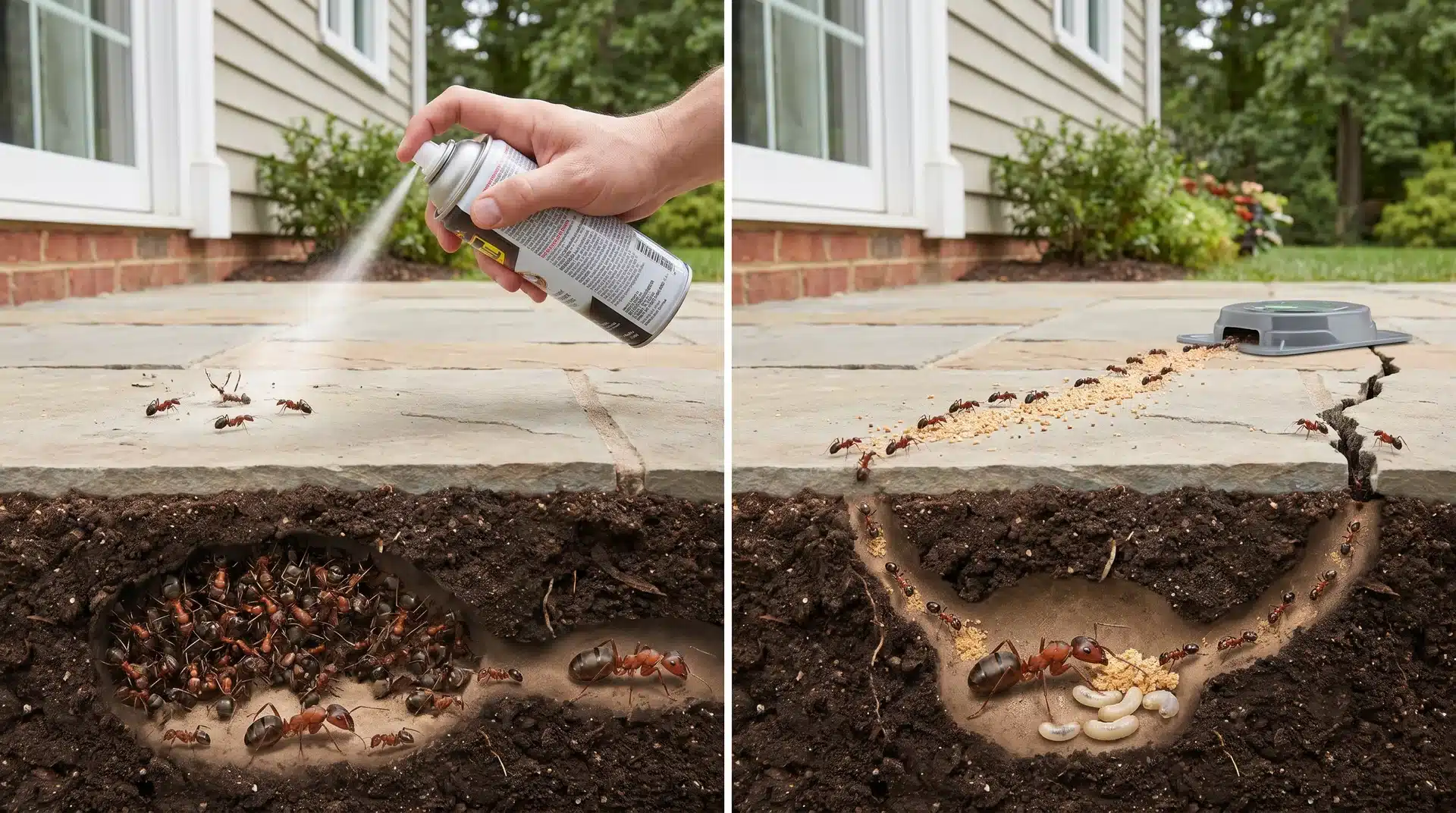 Ants in home affected by spraying methods that kill visible workers but leave hidden colonies.