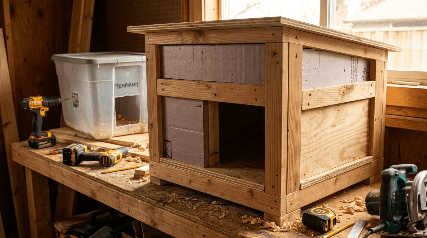 Wooden outdoor cat shelter being built with plywood walls, insulation, and durable weatherproof construction.