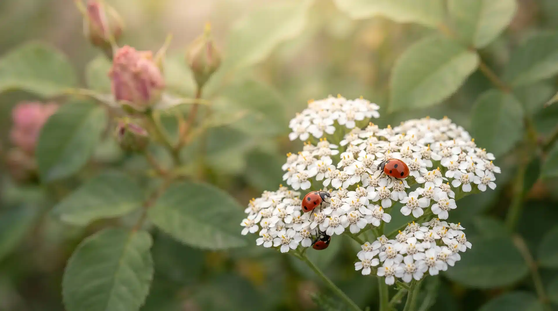 White yarrow flowers attracting ladybugs in rose garden companion plants for roses to keep pests away supporting natural pest control.