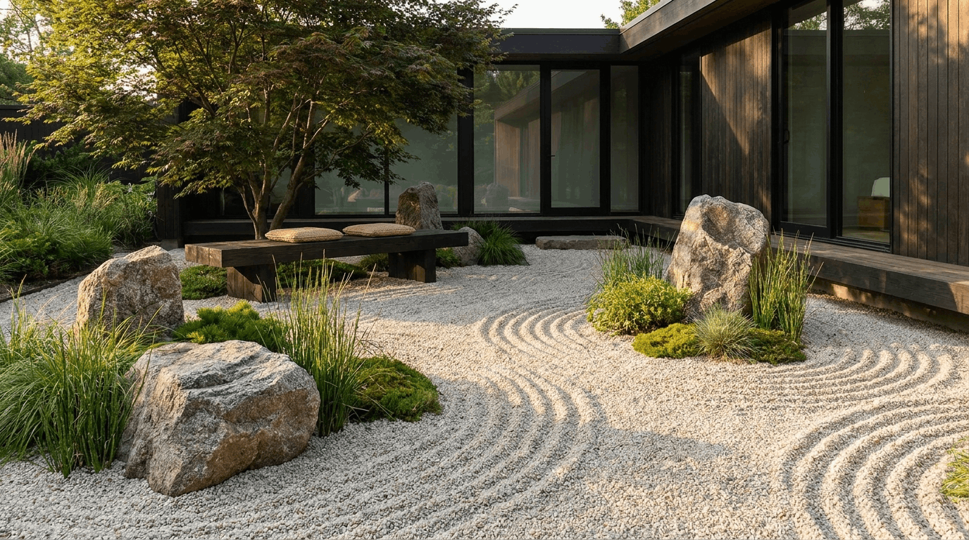 Zen gravel patio with raked patterns, decorative stones, and minimalist landscaping for peaceful outdoor space.