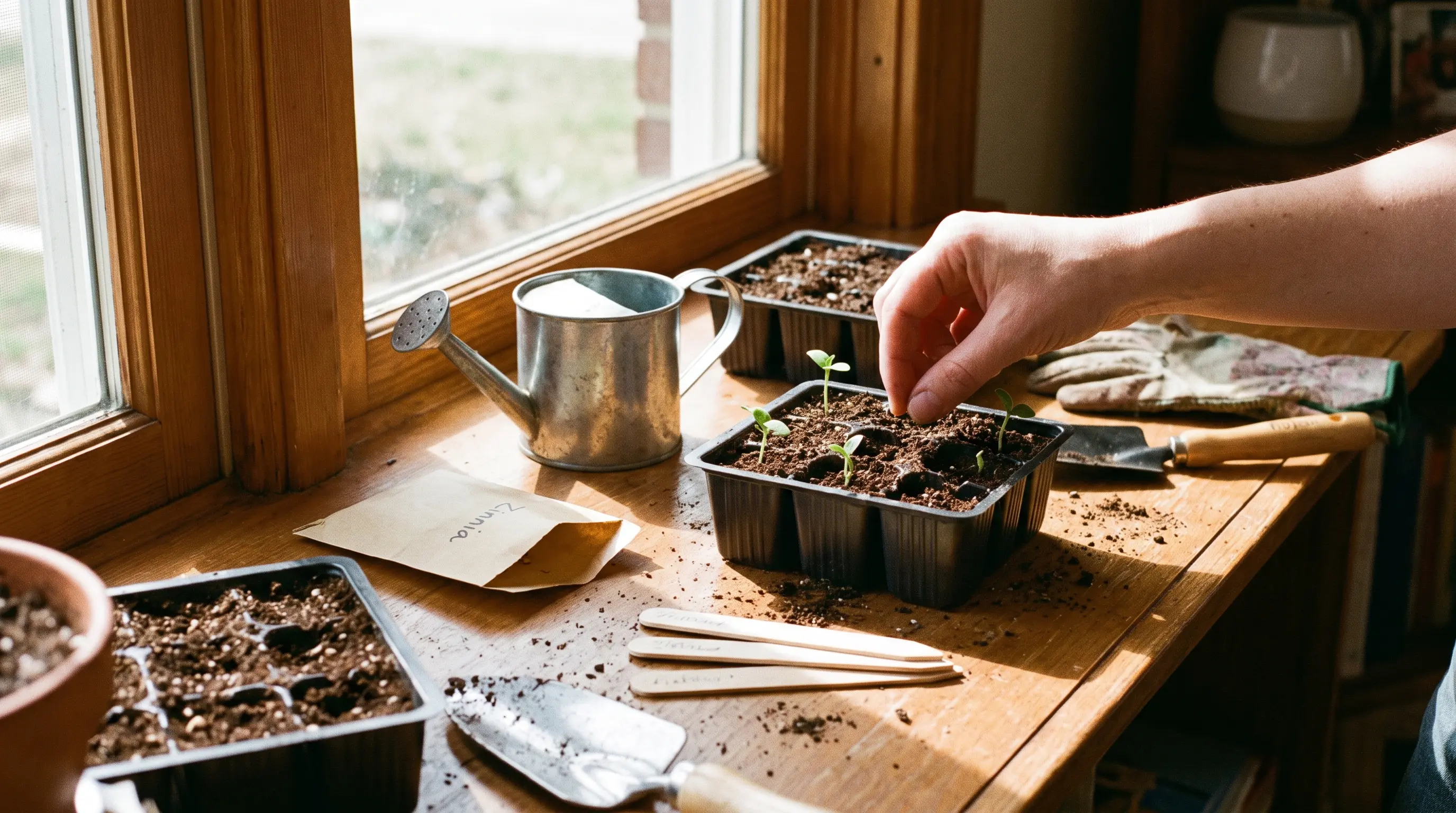 Zinnia seeds started indoors in seed trays with young seedlings on a sunny windowsill