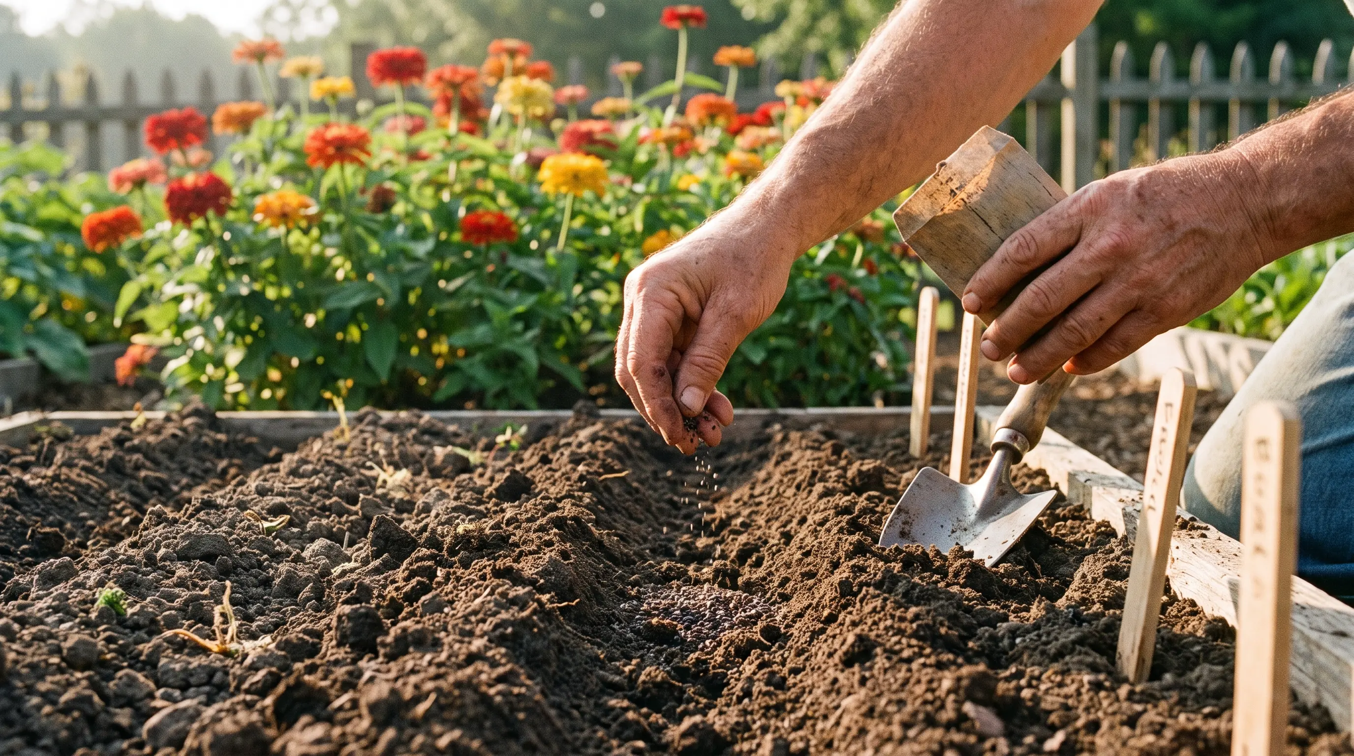 Gardener directly sowing zinnia seeds outdoors in fresh soil with mature zinnia blooms nearby