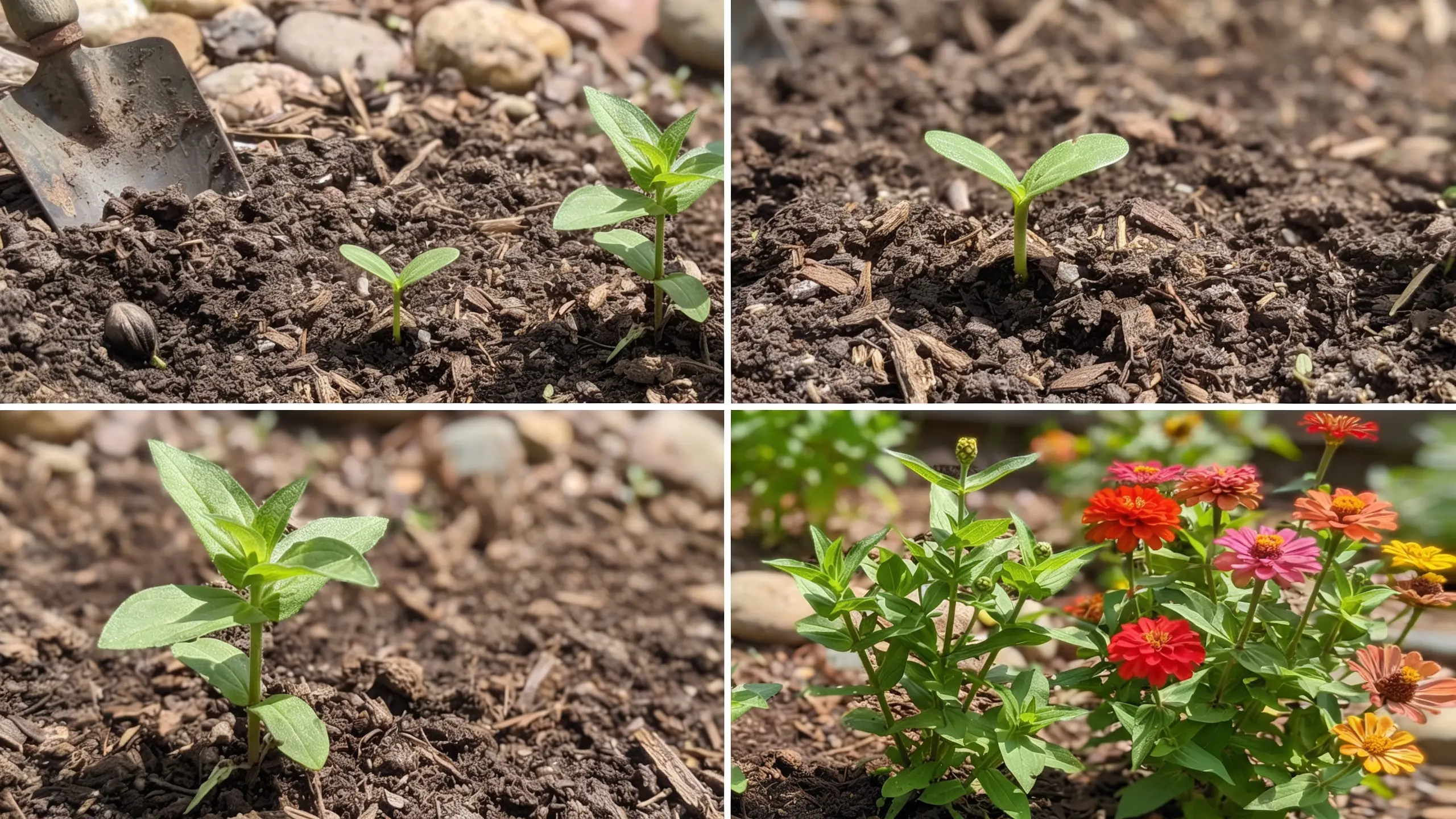 Realistic zinnia garden showing colorful flowers, green leaves, and healthy blooming plants
