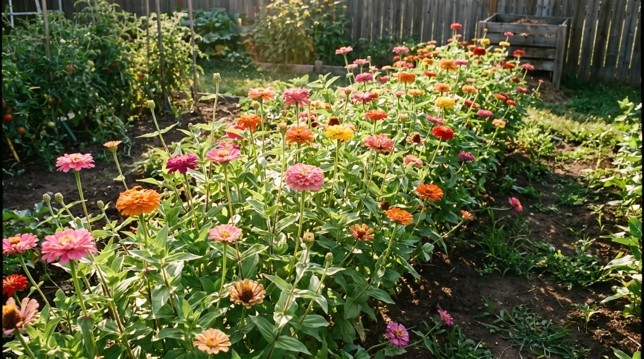 Realistic zinnia garden showing colorful flowers, green leaves, and healthy blooming plants
