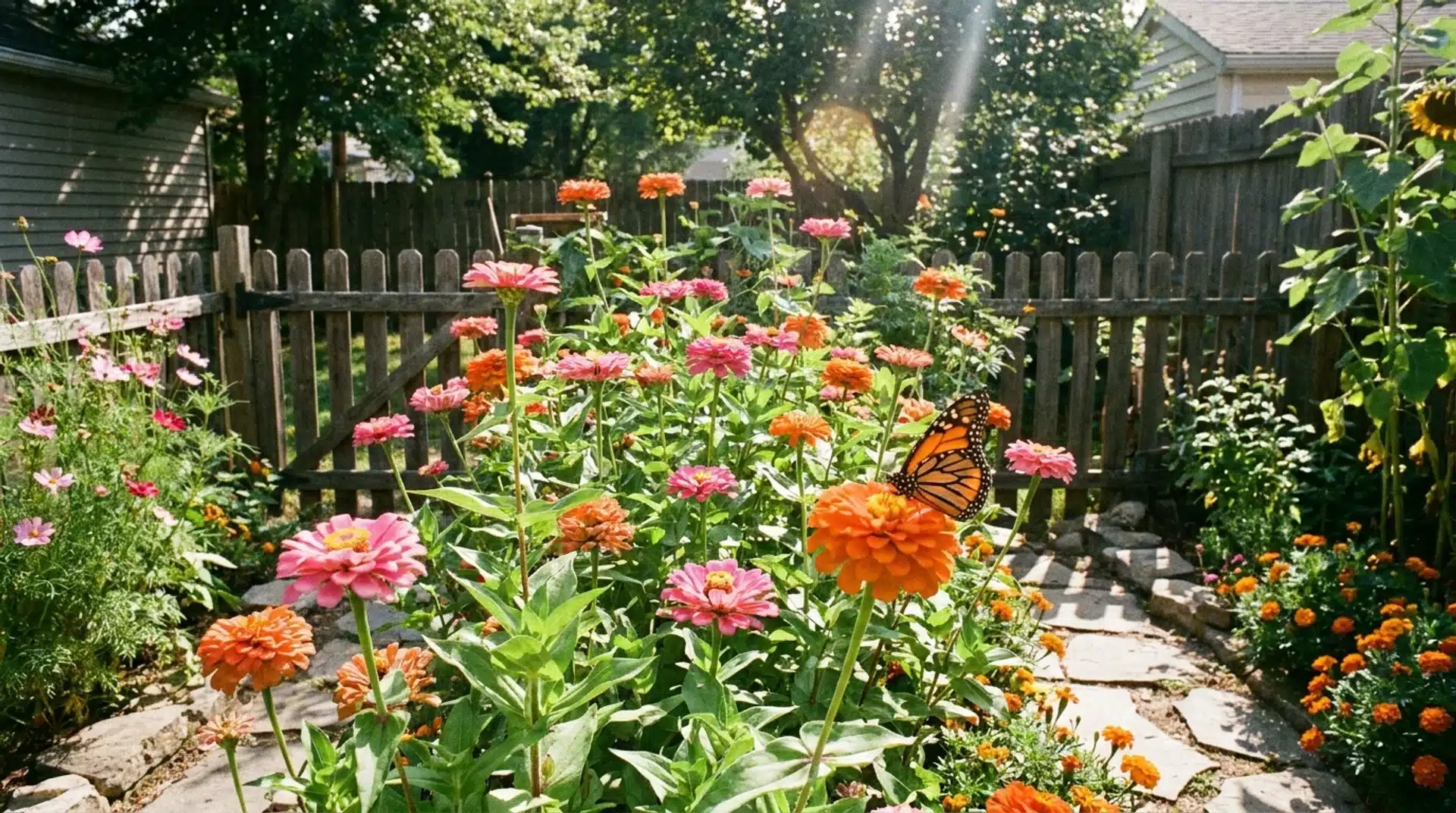Colorful zinnia blooms with monarch butterfly showing flowers that attract butterflies in backyard gardens.