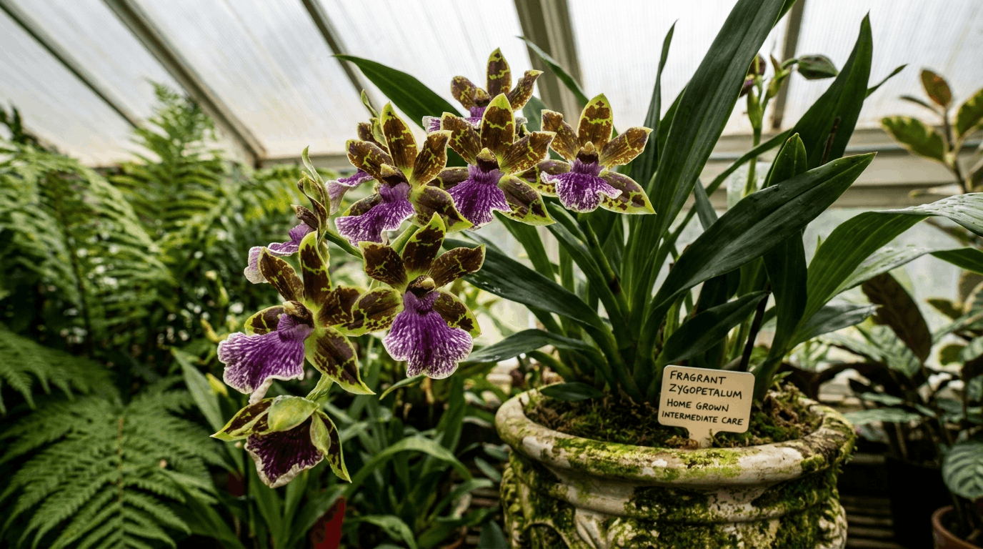 Zygopetalum orchid with green flowers and purple markings growing in decorative pot under soft light.