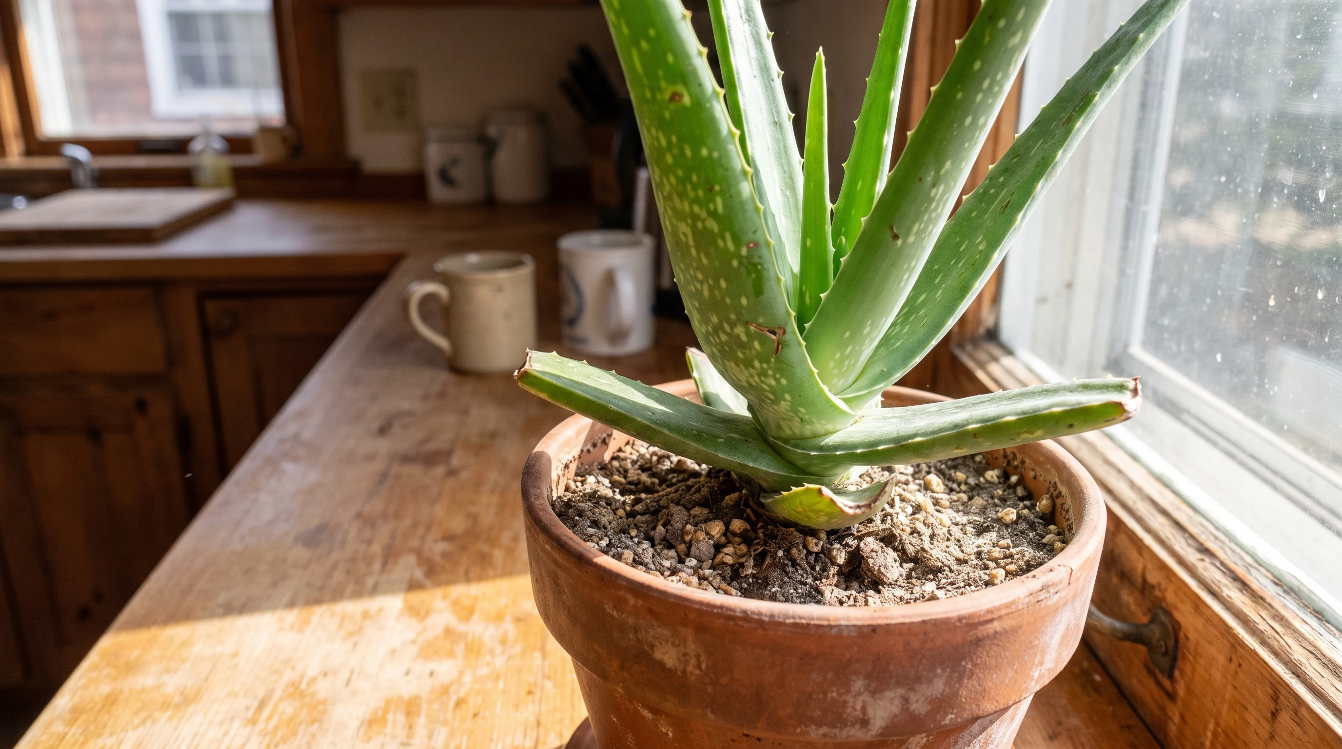 Aloe vera plant with thick leaves growing on a sunny windowsill