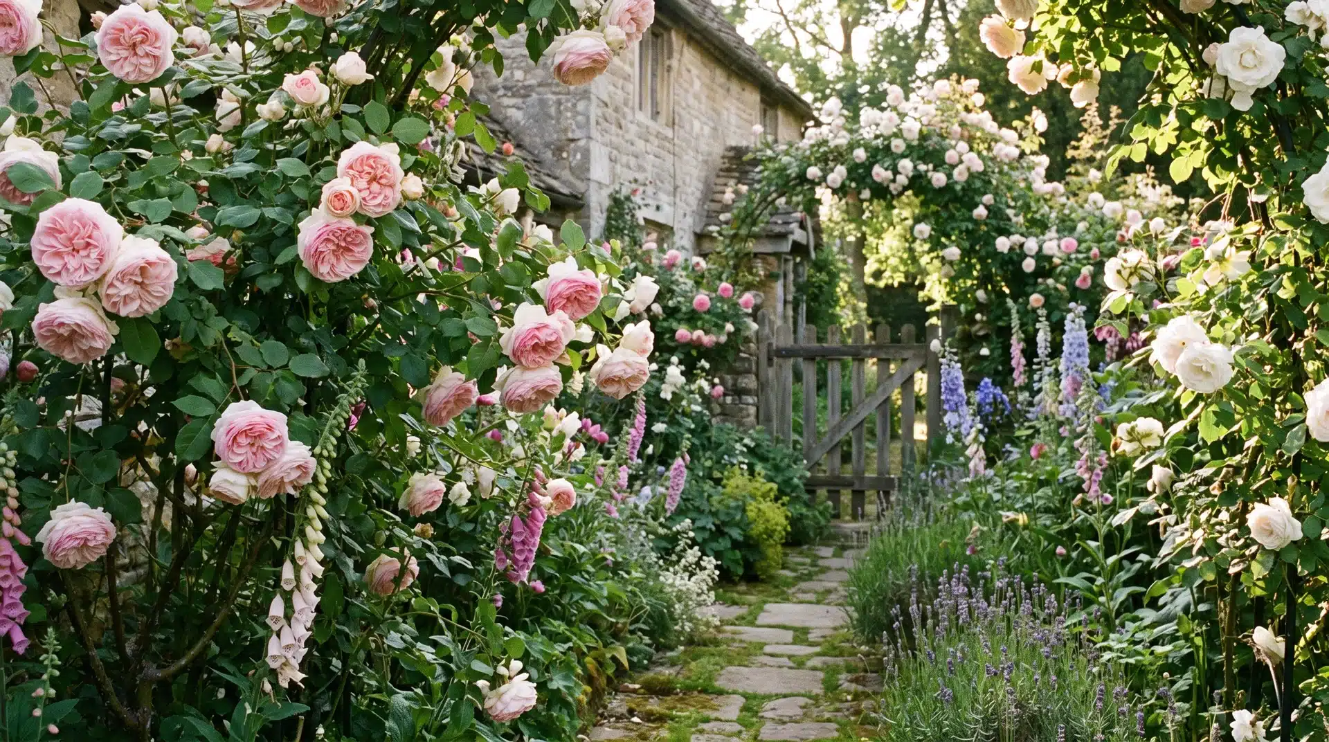 Types of roses growing in a cottage garden with pink blooms, stone path, and lush greenery.