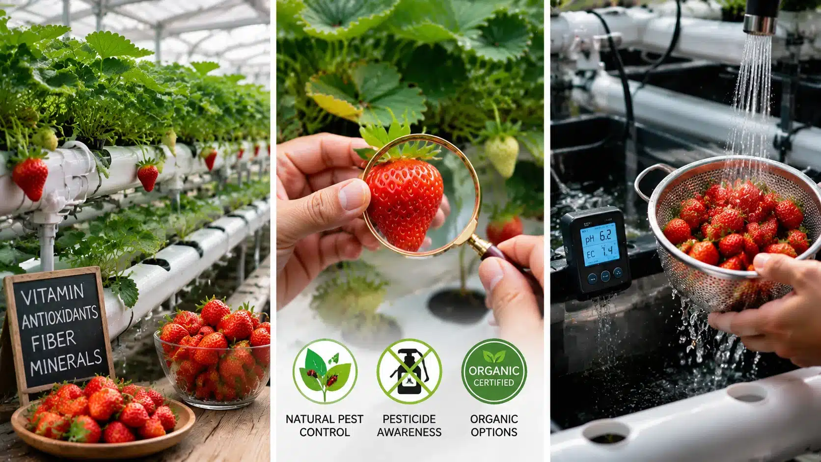 Three-panel hydroponic strawberry scene showing nutrition, pesticide awareness, and safe washing practices for fresh berries