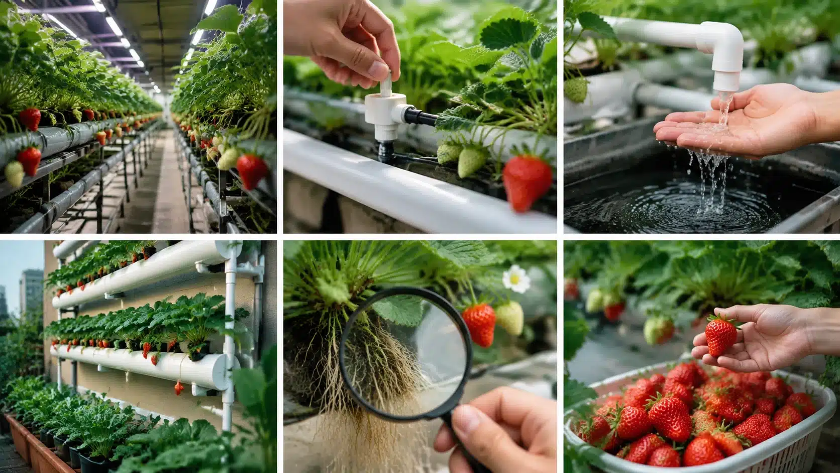 Six-panel hydroponic strawberry growing setup showing water control, nutrient monitoring, vertical farming, root health, and fresh harvest benefits.