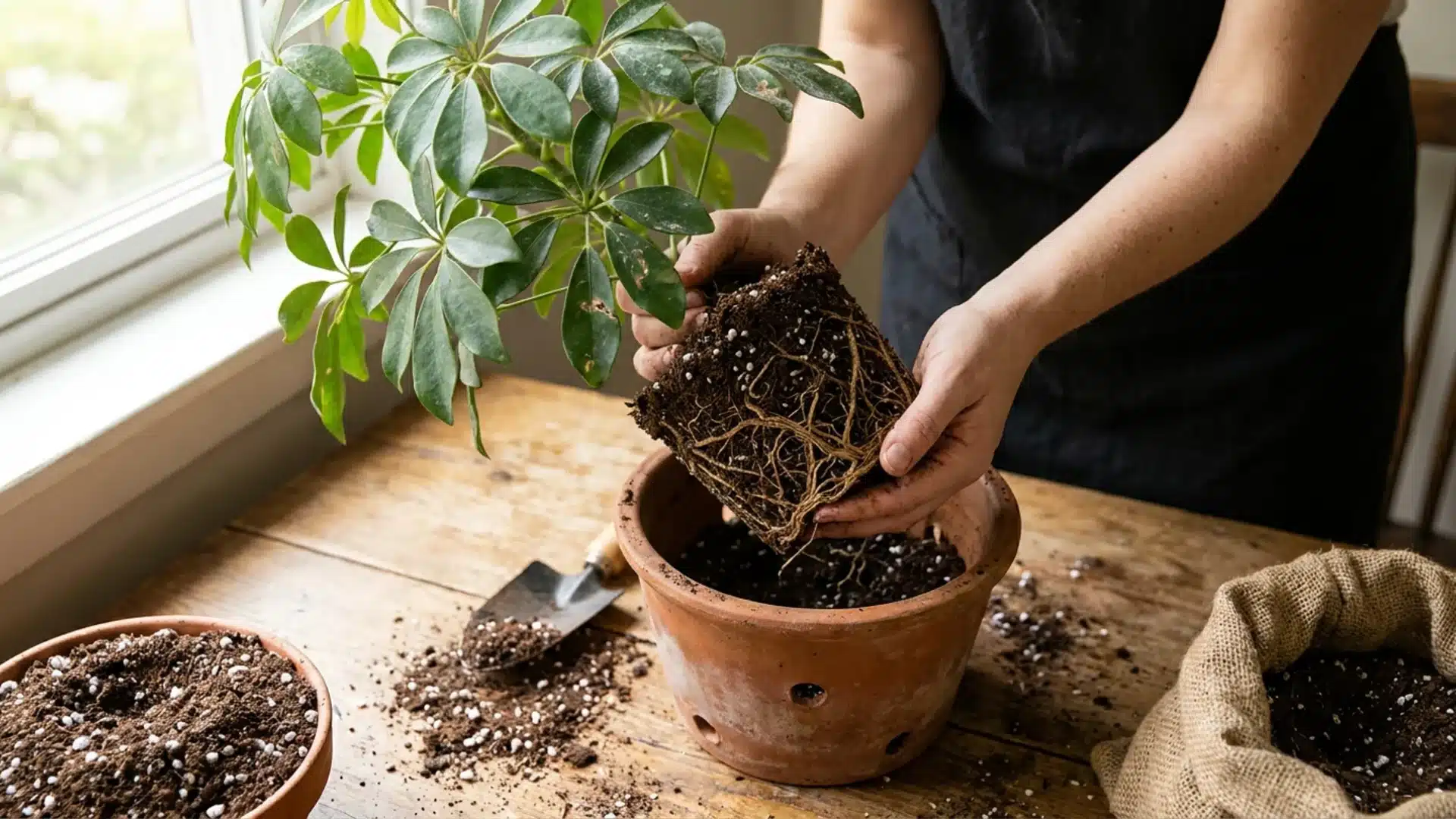 Schefflera plant in well-draining soil and suitable pot.