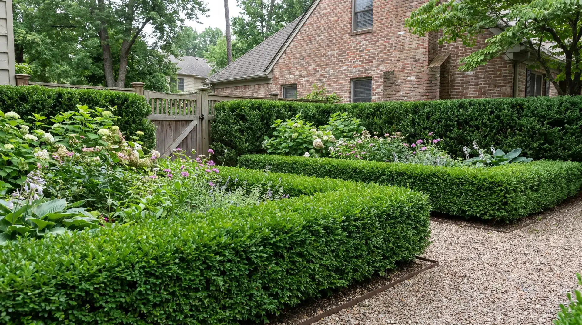 Manicured boxwood hedge borders structured garden path beside brick home, showcasing plants that repel japanese beetles in landscaping design.