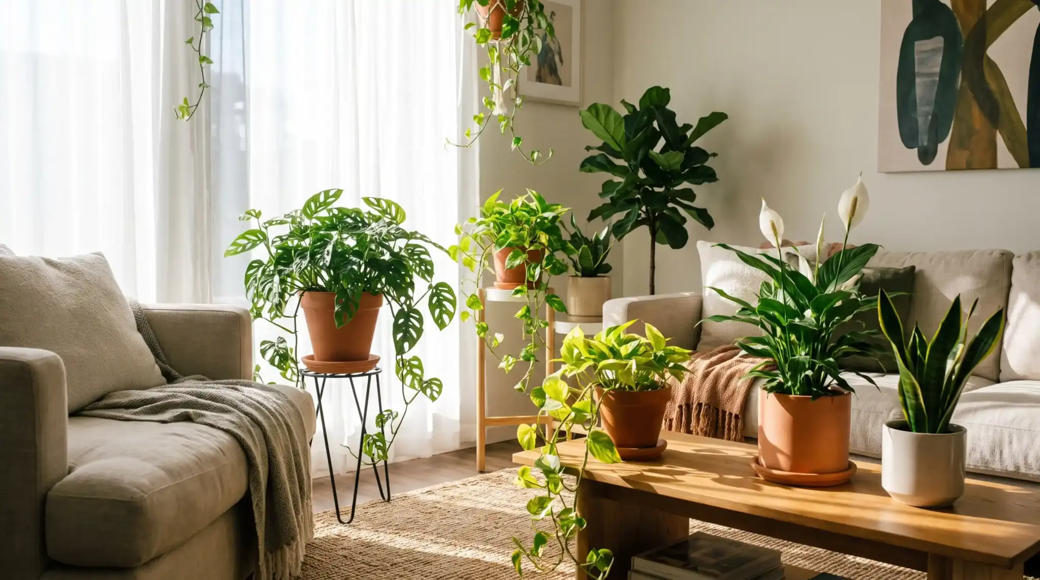 Cozy living room with multiple houseplants thriving in bright indirect light near a sheer curtained window with soft daylight.