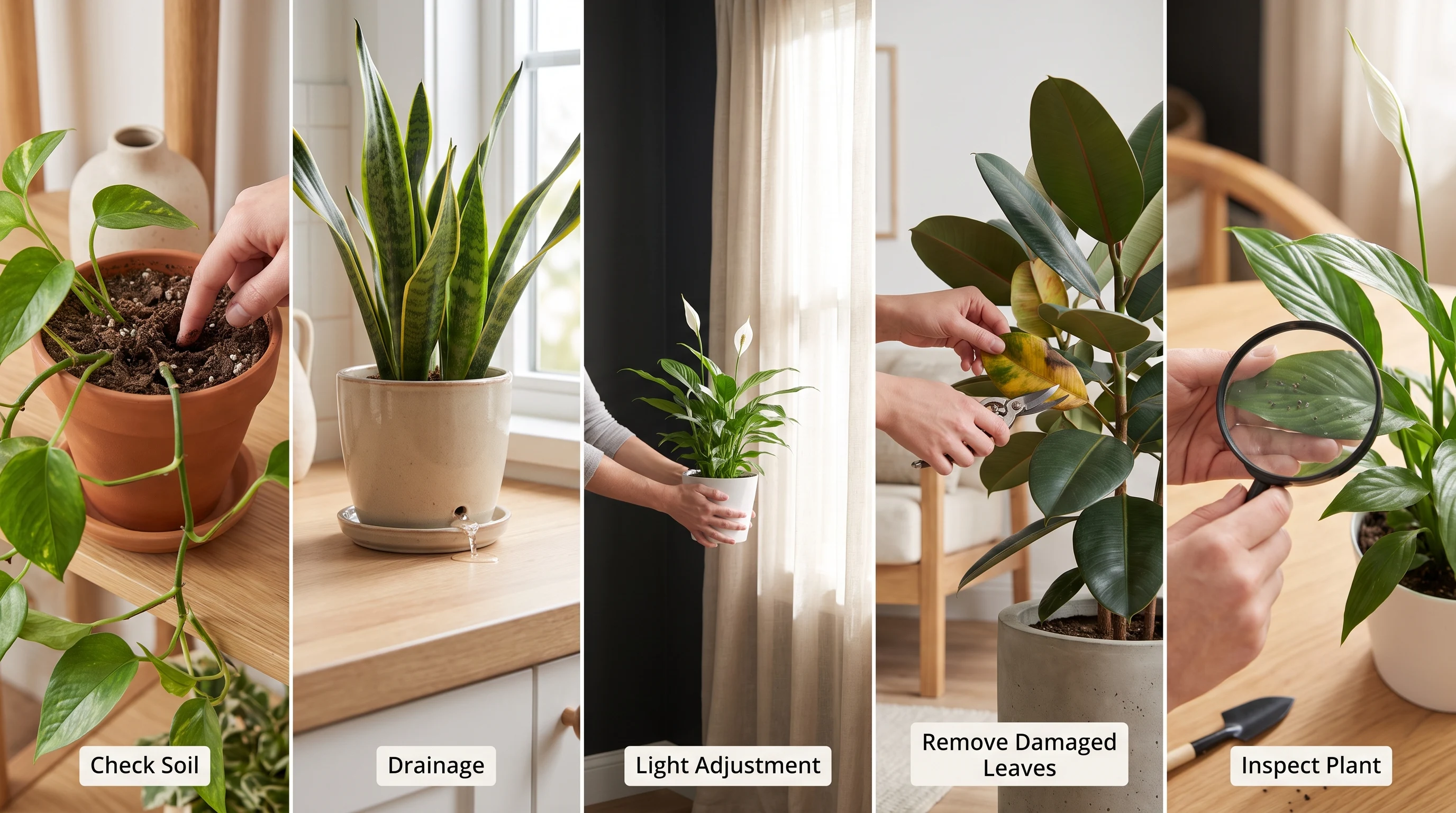 Step-by-step houseplant care showing watering, drainage, leaf cleaning, light adjustment, and pest checks