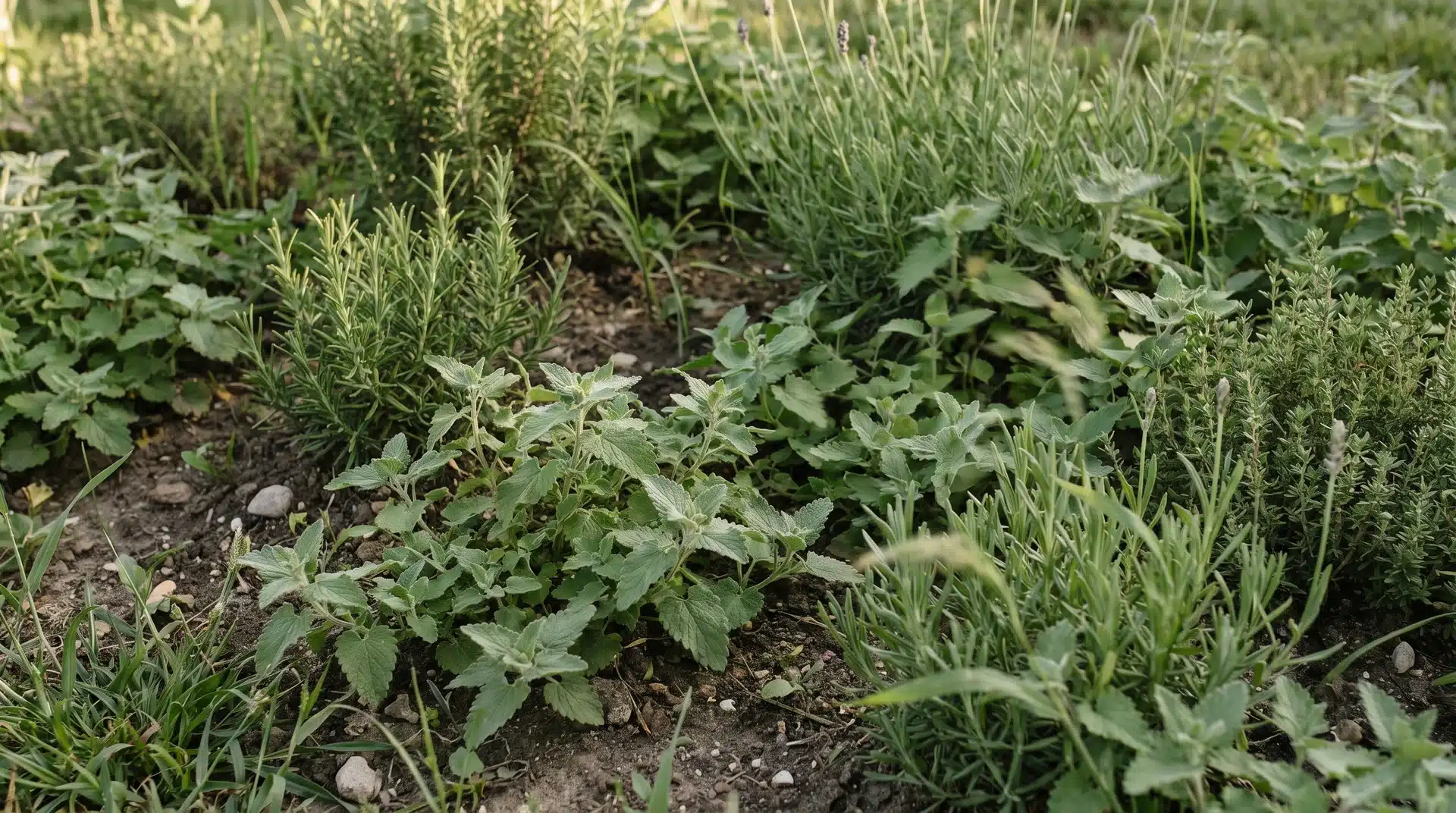 Catnip growing densely in garden bed, one of the plants that repel japanese beetles naturally in vegetable gardens.