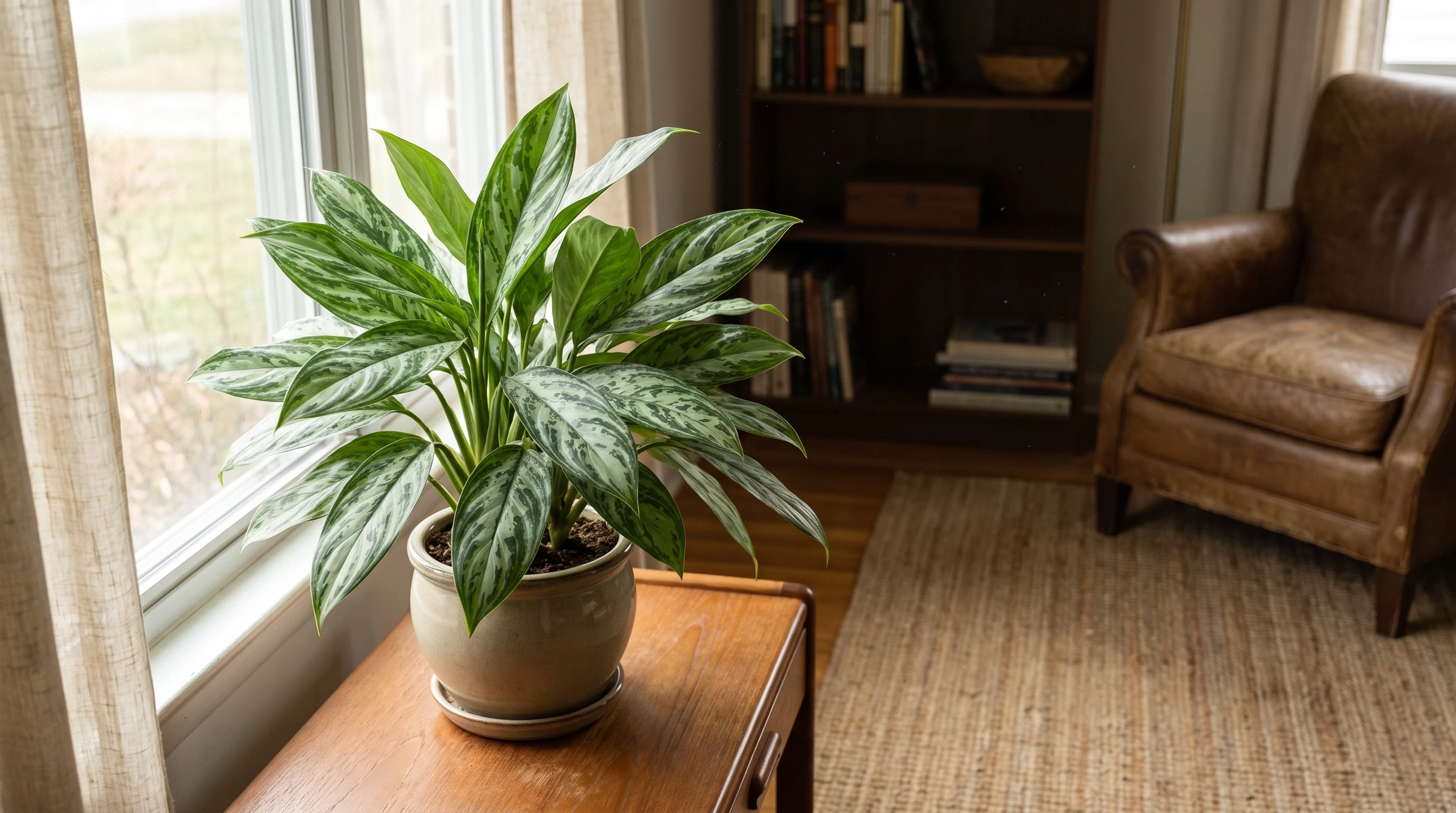 Chinese evergreen plant with patterned leaves on an indoor table