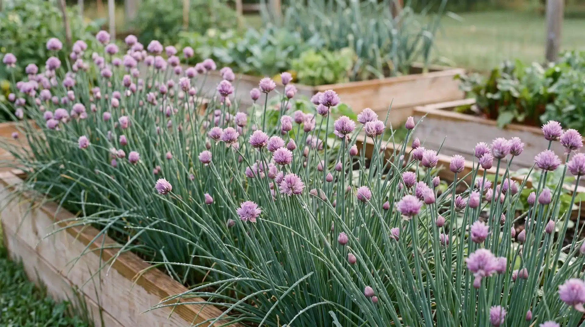 Chives blooming with purple flowers in raised bed, effective among plants that repel japanese beetles in herb gardens.