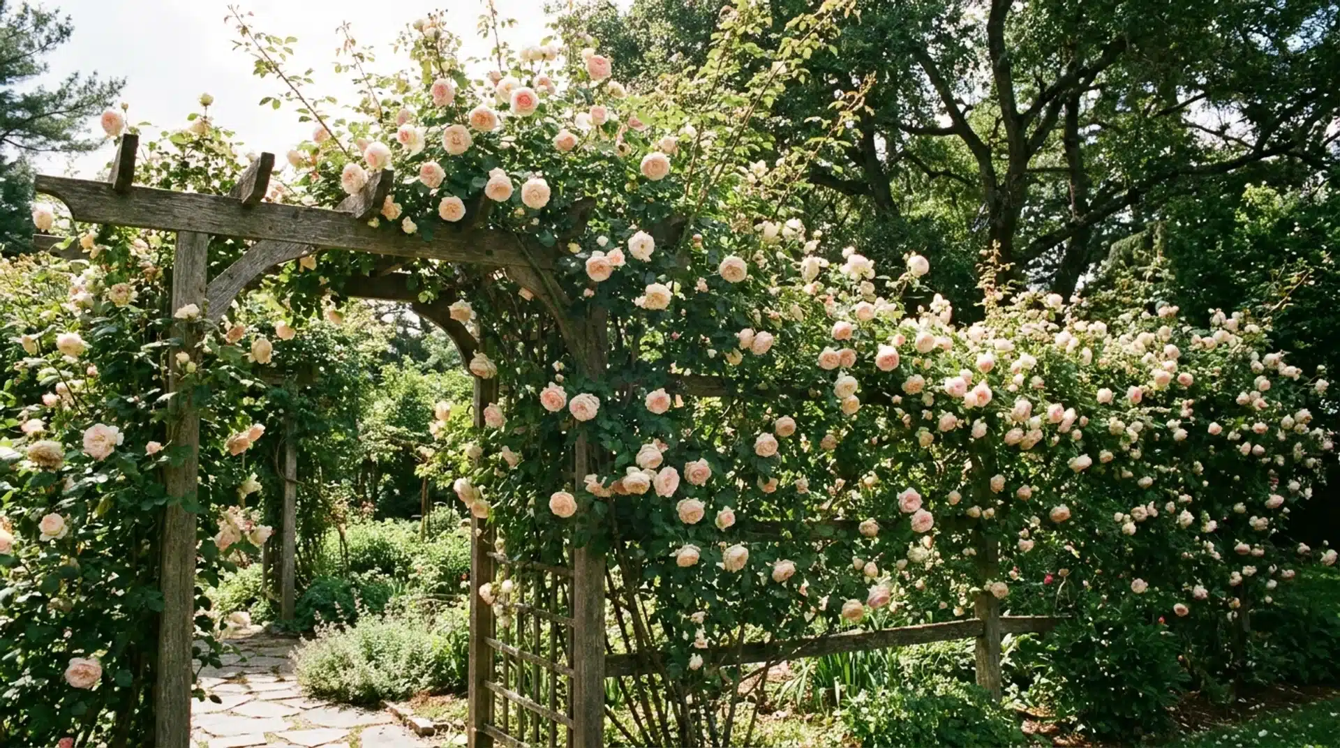 Types of roses covering a wooden garden arch with soft pink flowers and climbing foliage.